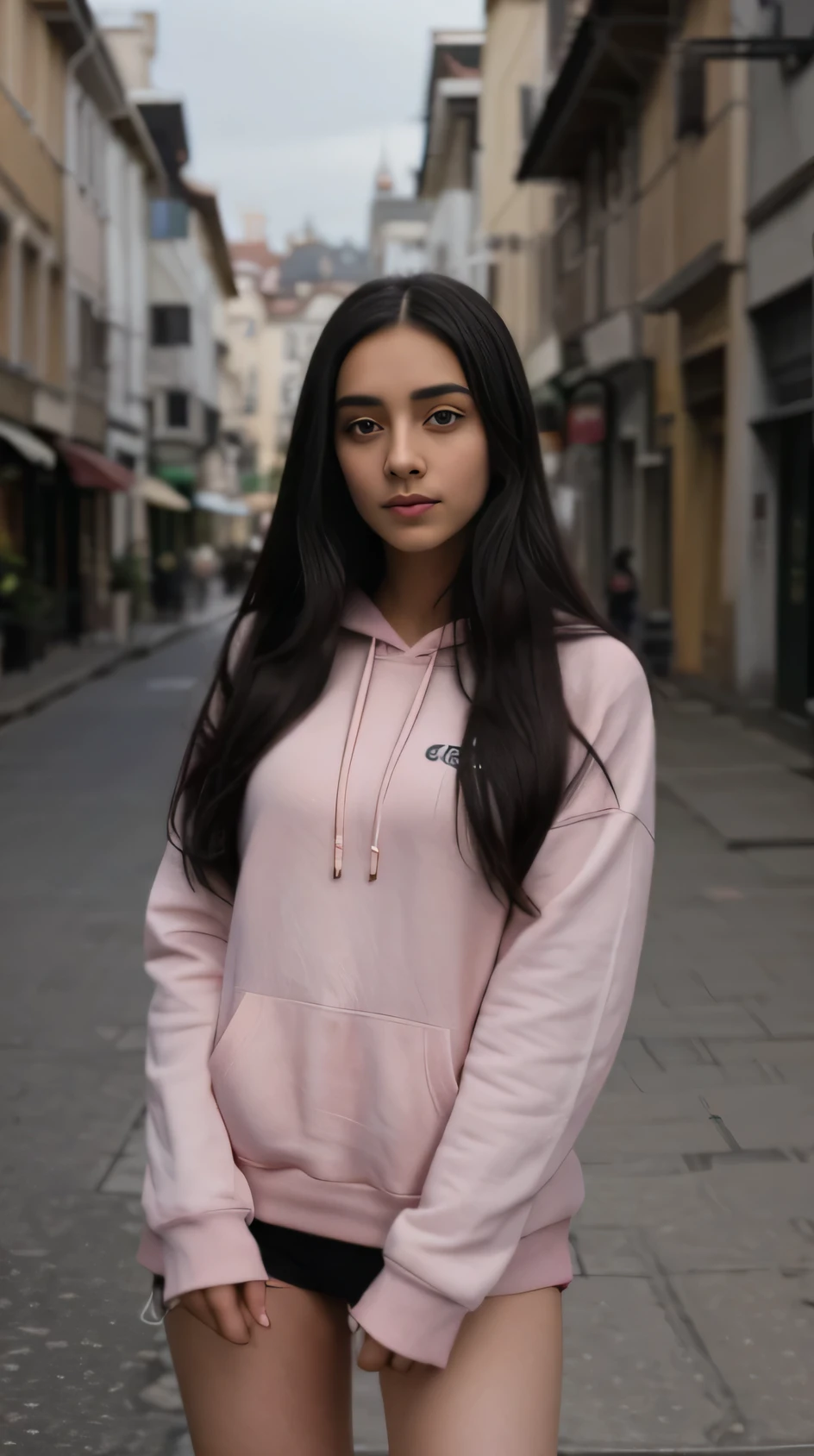 araffe woman with long black hair,slim,16 years old,wearing a pink hoodie,hoodie down,fully covered,black hair, valentina remenar, dilraba dilmurat, olya bossak, fanart, maya 8 k, taken with canon eos 5 d mark iv, serena malyon, hana alisa omer, anastasia ovchinnikova, brown-skinned indian girl,street,europe