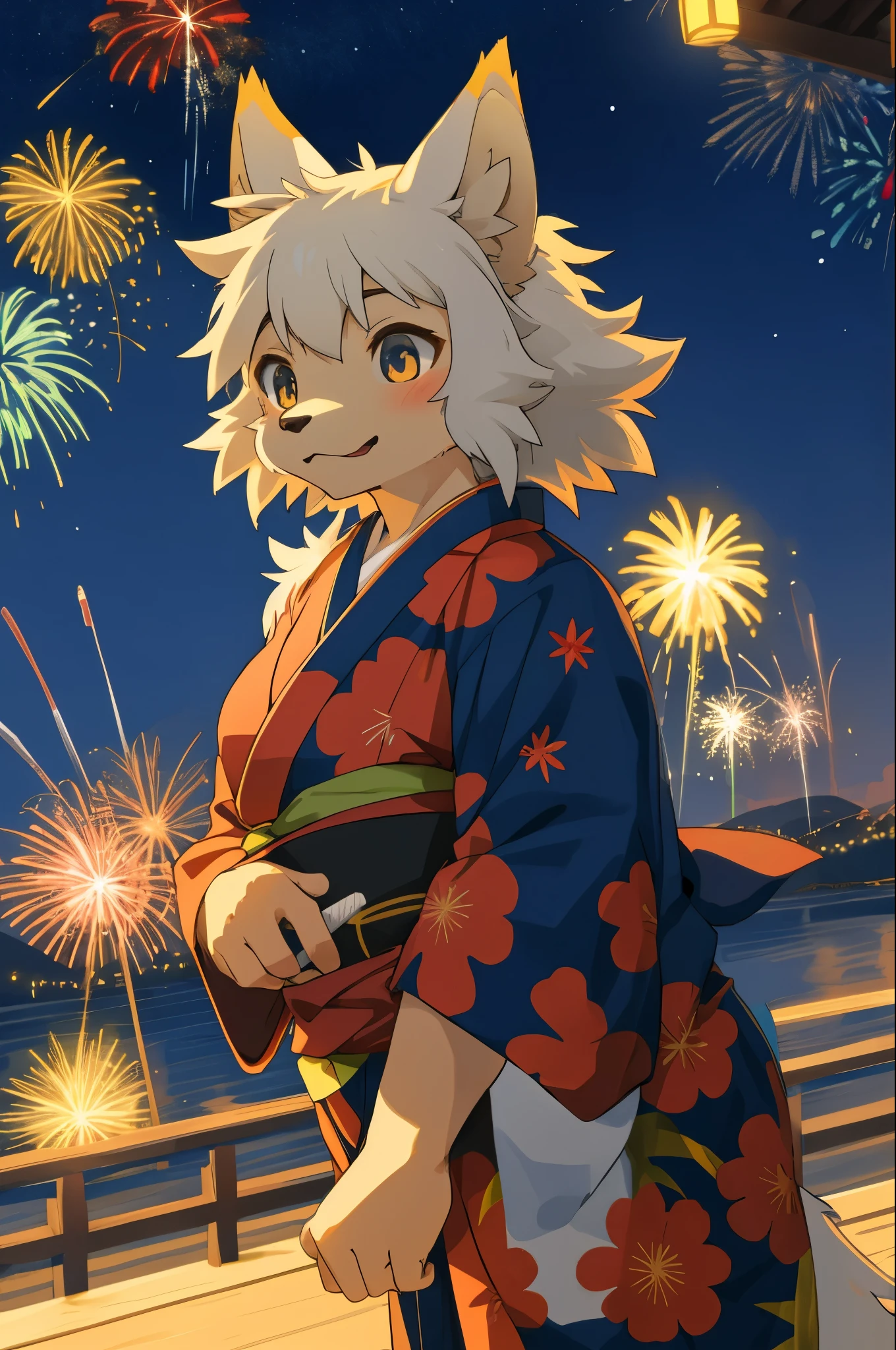 top quality, best quality, highres, masterpiece, super high resolution, detailed background, lake, nigh sky, firework, japanese yukata, absurdres, perfect anatomy, good lighting, cinematic shadow(1girl, kemono, furry anthro)assorted expressions, upper shot, dynamic angle,