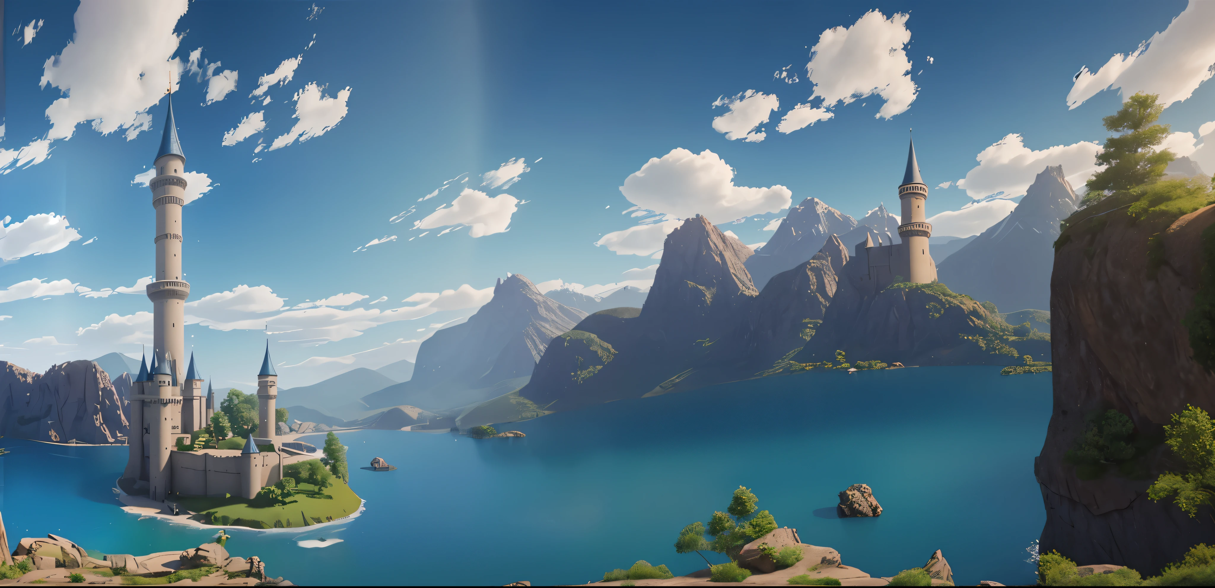 Beautiful landscape, with massive castles and intricately designed kingdom structures, viewed from a low angle shot, granting a ground-level perspective and a miniature effect. Basked in the warm light of a bright day, a clear sky adorned with fluffy clouds completes the enchanting scene. Ultra-detailed, realistic rendering, best quality, 4K, HDR, sharp focus, physically-based rendering, vibrant colors, dynamic light and shadow.