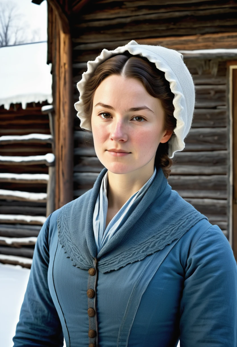 (highly detailed, soft light, photorealistic, dynamic light; cinematic; close-up); victorian era; 1820s; 26 year old woman; Canadian; 1820s nanny; simple but pretty; coquettish expression; fair skin; 1820s modest but pretty blue cotton dress; wearing a warm woolen shawl over her shoulders; hair in simple style; standing in the doorway of 1820s cabin in snowy 1820s Canada; looking at camera