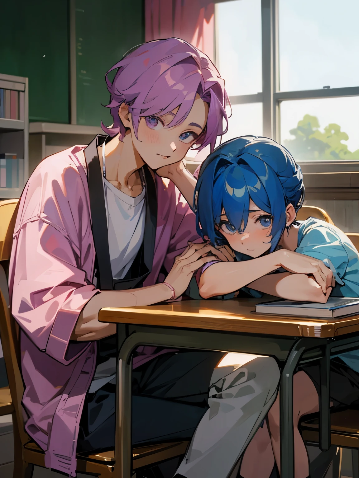 cartoon of two boys sitting at a table with a book and a backpack, ddlc, in the art style of 8 0 s anime, 9 0 s anime style, 90s anime style, in anime style, in an anime style, anime aesthetic, anime vibes, 9 0 s anime aesthetic, 9 0 s anime art style, lofi boy, typical anime classroom, beautiful background window, two cute boys, beautiful faces, two boys, don't extra hands, NO extra hands, generate two boys with NO extra hands 