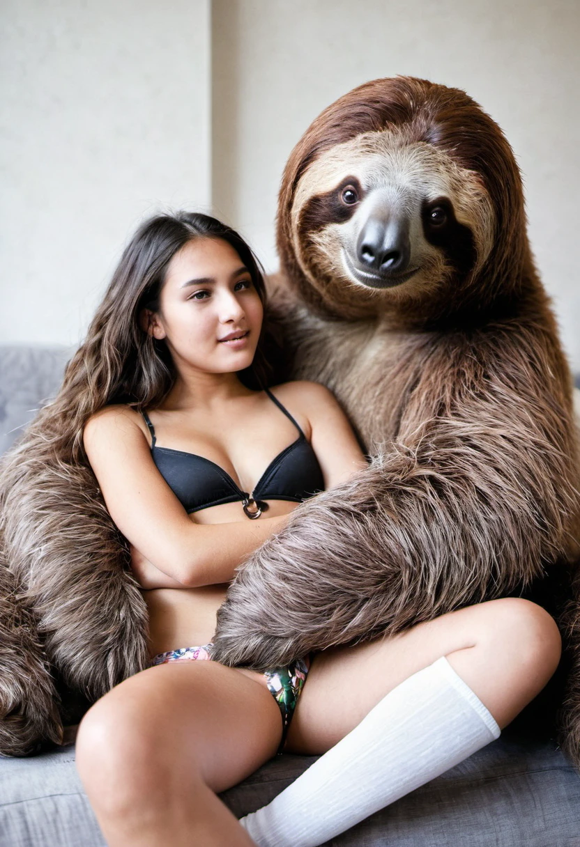 Large massive stuffed animal giant sloth monster carries topless beautiful thong  girl in his arms embrace sitting on his lap cuddling 