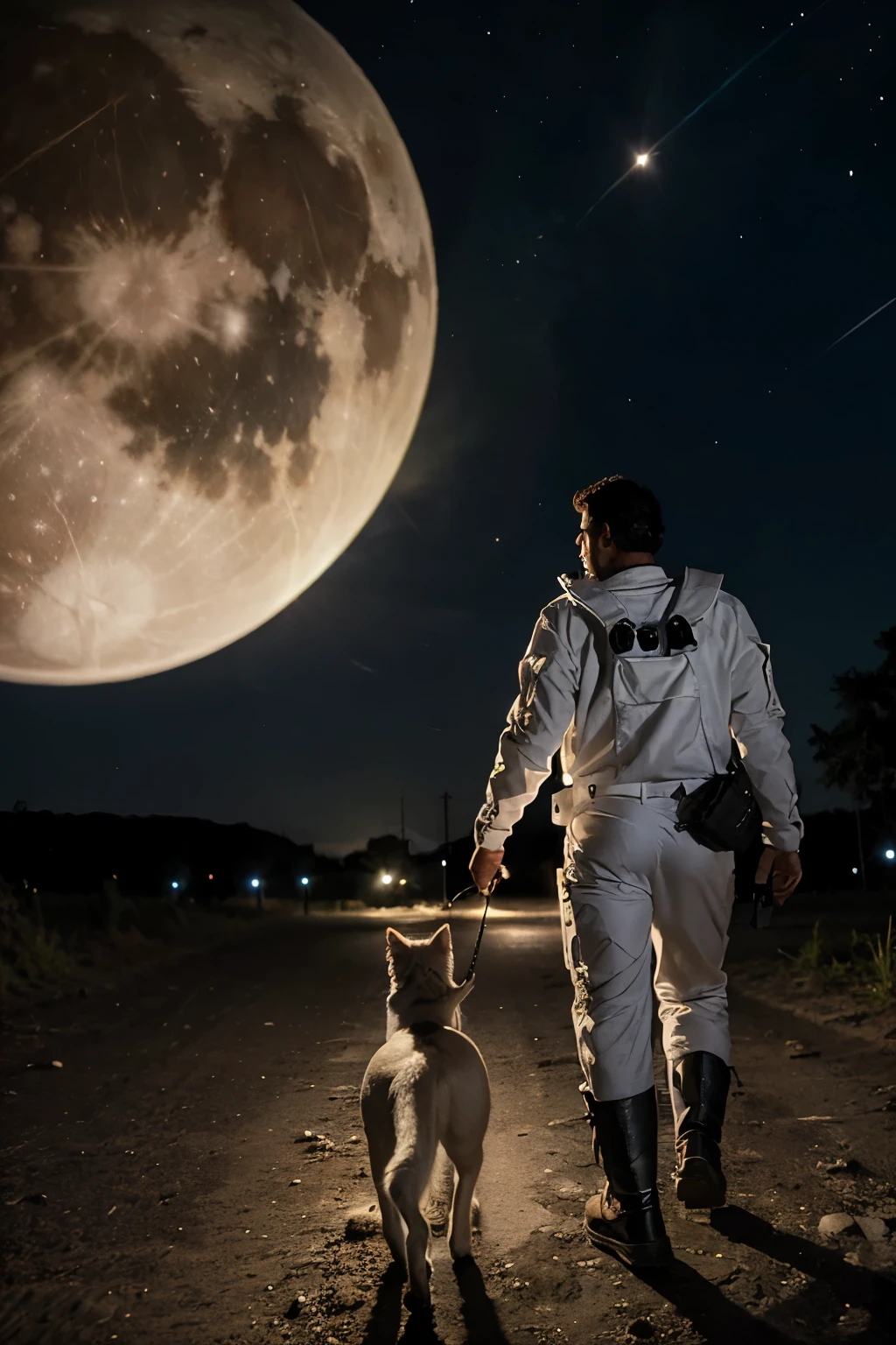 um homem caminhando na lua rodeado de muitos gatos a sair de uma nave espacial