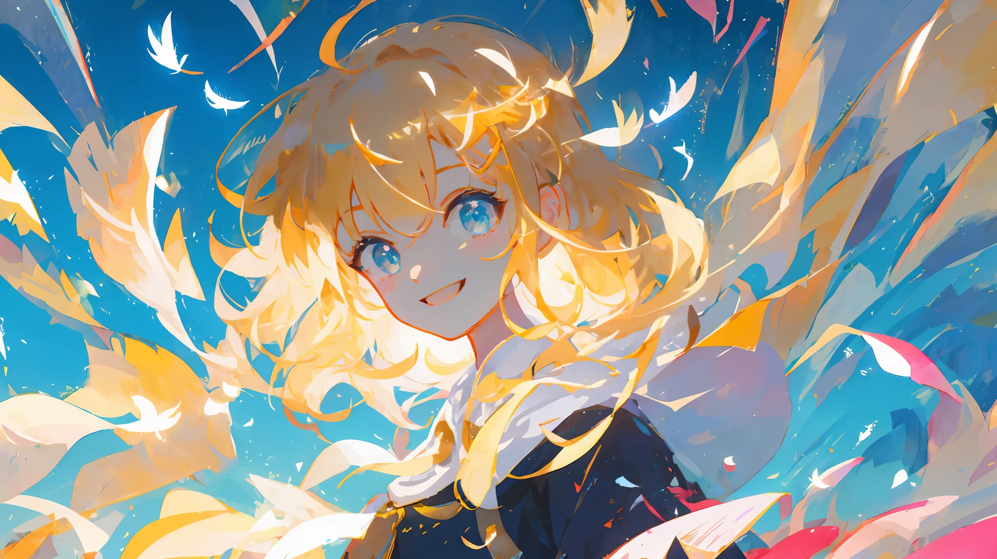 (masterpiece:1.2), best quality,pixiv,official art,perfect ???????, (Light线追踪, Light),alone, masterpiece, best quality, super detailed, illustration, close up, View directly, Face focus, 1 girl, look at sky , jk, blond hair , cyan eyes, Smile, 天使Light环, feather wings, whole body