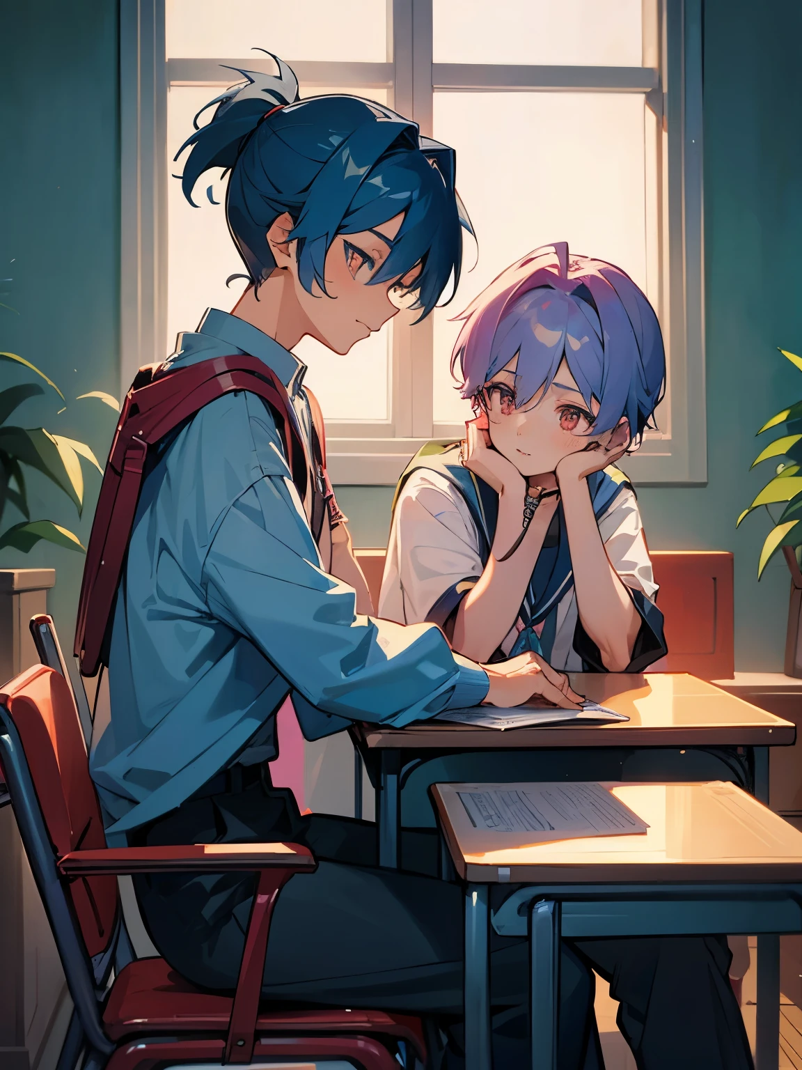 cartoon of two boys sitting at a table with a book and a backpack, ddlc, in the art style of 8 0 s anime, 9 0 s anime style, 90s anime style, in anime style, in an anime style, anime aesthetic, anime vibes, 9 0 s anime aesthetic, 9 0 s anime art style, lofi boy, typical anime classroom, beautiful background window, two cute boys, beautiful faces, two boys, don't extra hands, NO extra hands, generate two boys with NO extra hands