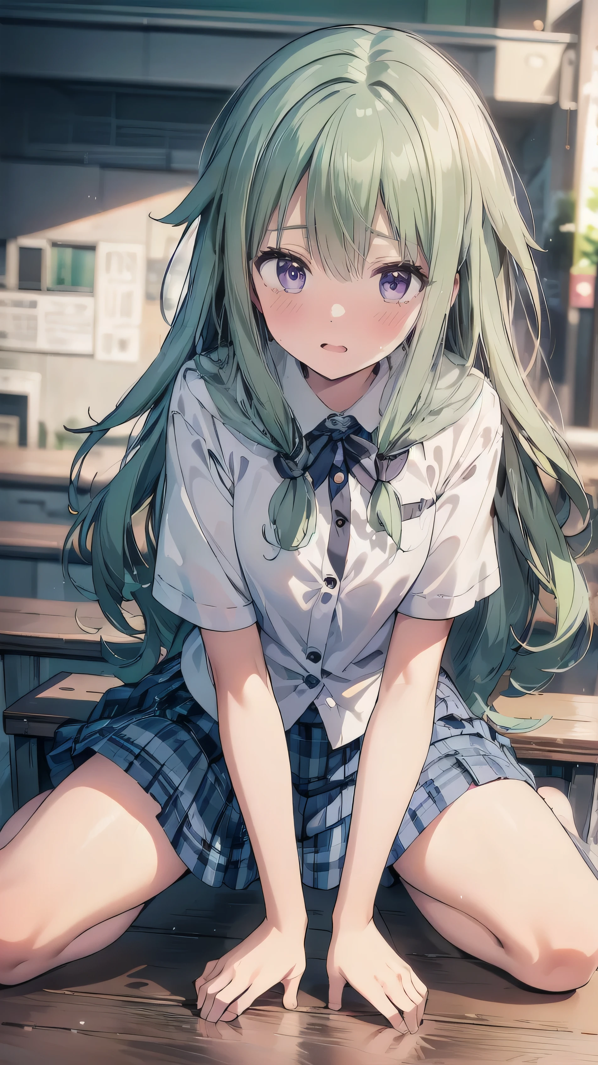 master piece、Highest image quality、highest quality、ultra detail、((embarrassed expression))、(tears)、glossy hair quality、((light green hair color))、Super detailed and beautiful bright eyes、Super detailed clear and beautiful face、((((Kusanagi Nin々))))、(cute illustration:1.2)、(((cute underwear)))、((Girl having her skirt taken off))、High-resolution, ultra-detailed, best quality、forced to spread legs, award winning, anatomically correct