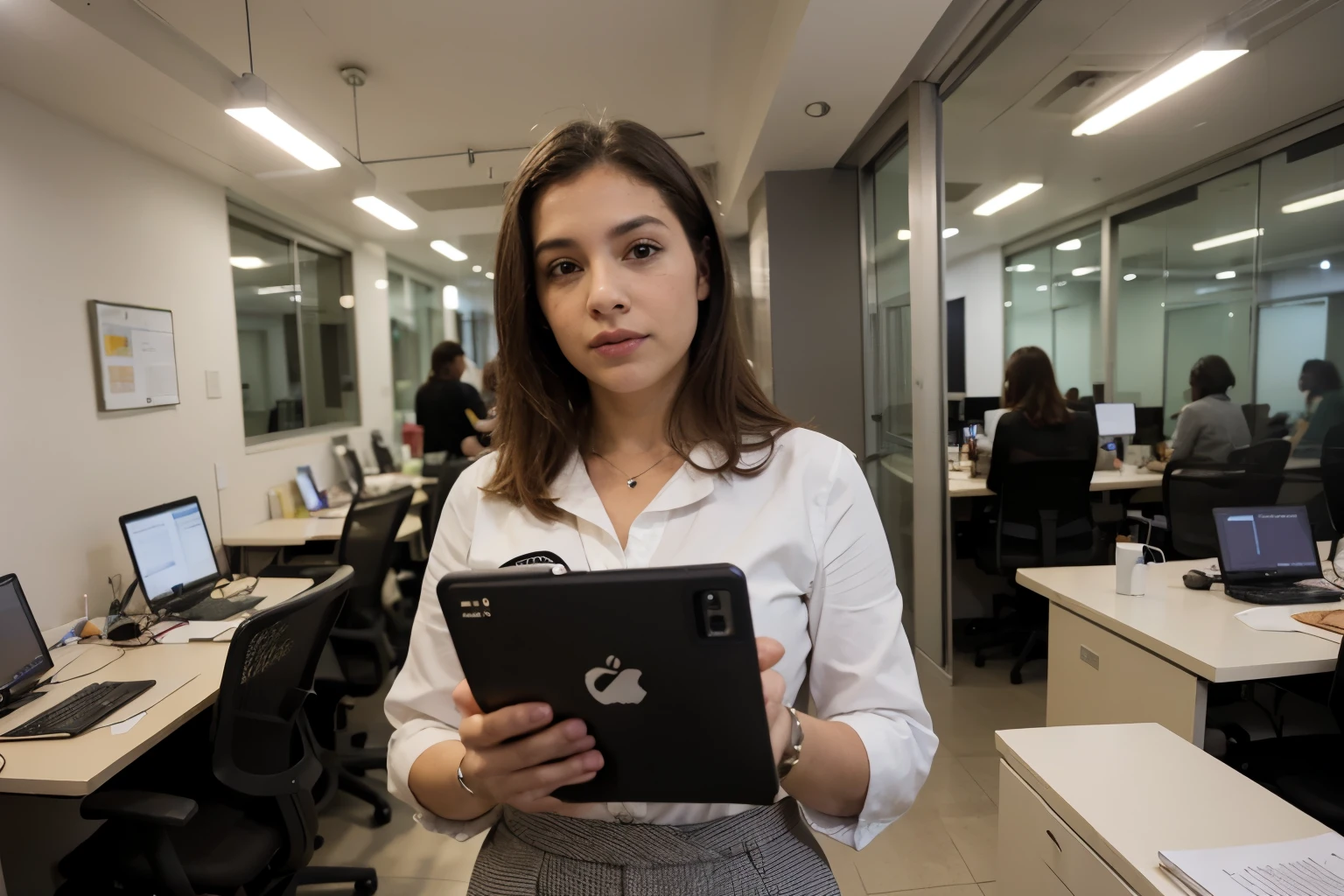 Create an image of an Eastern European woman in her late 20s to early 30s. She has long, sleek black hair styled neatly and is wearing a smart blazer over a blouse. She is in a professional setting, possibly in a modern office with a whiteboard or digital screen displaying different currency pairs such as EUR/USD, GBP/USD, and USD/JPY.

she appears engaged and confident, explaining the content with a friendly and approachable demeanor. The background should be clean and light-colored, with elements suggesting finance, such as computer screens or trading desks. The lighting should be soft and flattering, highlighting her features without creating harsh shadows.

The overall atmosphere should convey professionalism, expertise, and approachability, projecting an image of trust, reliability, and knowledge in the financial sector.