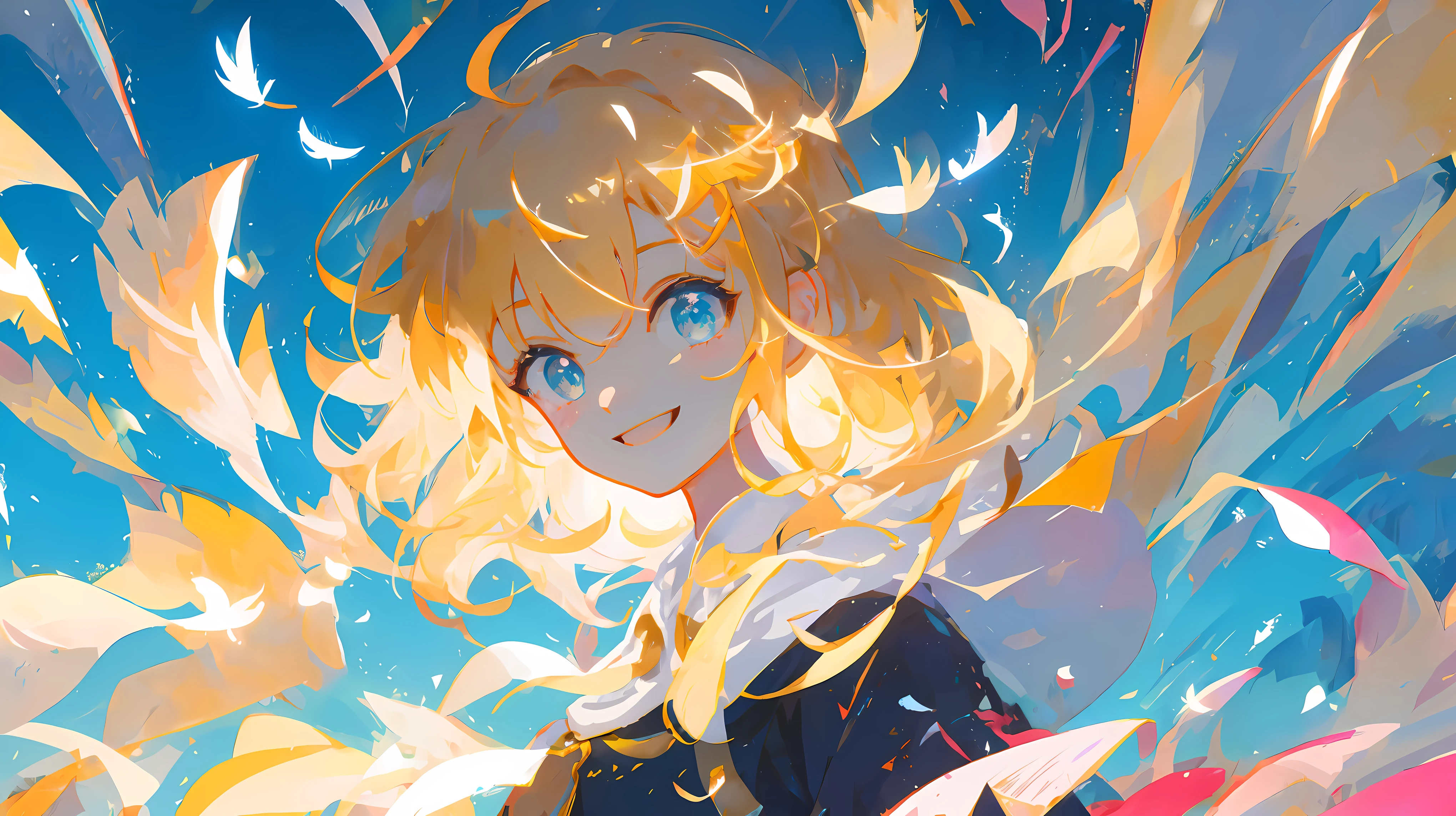 (masterpiece:1.2), best quality,pixiv,official art,perfect anatomy, (Light line tracing, Light),alone, masterpiece, best quality, super detailed, illustration, close up, View directly, Face focus, 1 girl, look at sky , jk, blond hair , cyan eyes, Smile, Angel Light Ring, feather wings, whole body