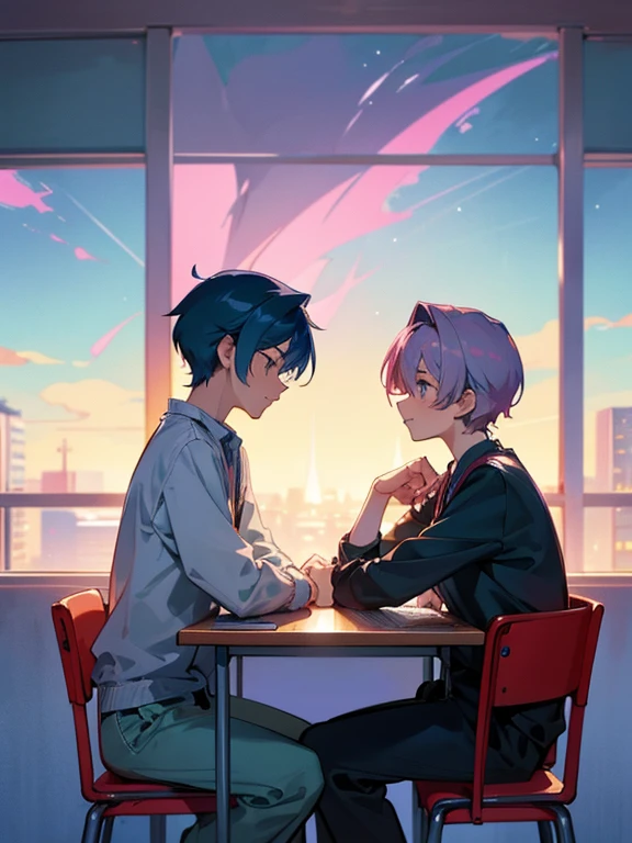 cartoon of two boys sitting at a table with a book and a backpack, ddlc, in the art style of 8 0 s anime, 9 0 s anime style, 90s anime style, in anime style, in an anime style, anime aesthetic, anime vibes, 9 0 s anime aesthetic, 9 0 s anime art style, lofi boy, typical anime classroom, beautiful background window, two cute boys, beautiful faces, two boys, don't extra hands, NO extra hands, generate two boys with NO extra hands