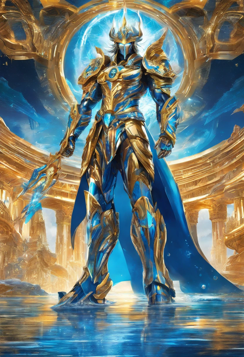(Masterpiece, best quality), (clear focus, rich details), mighty greek god Poseidon dressed in blue and gold shining saint seiya version of futuristic advance battling god cloth, with beard, standing against the background of the under water world headquarter castle, (shot from the front, looking below), (The sun is high above)to weapons colour to Red colours weapons