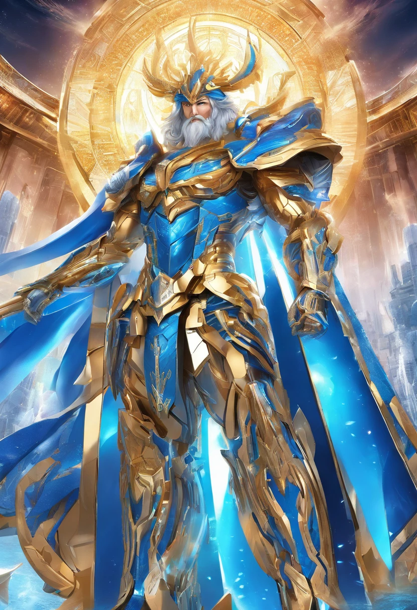 (Masterpiece, best quality), (clear focus, rich details), mighty greek god Poseidon dressed in blue and gold shining saint seiya version of futuristic advance battling god cloth, with beard, standing against the background of the under water world headquarter castle, (shot from the front, looking below), (The sun is high above)to weapons colour to Red colours weapons