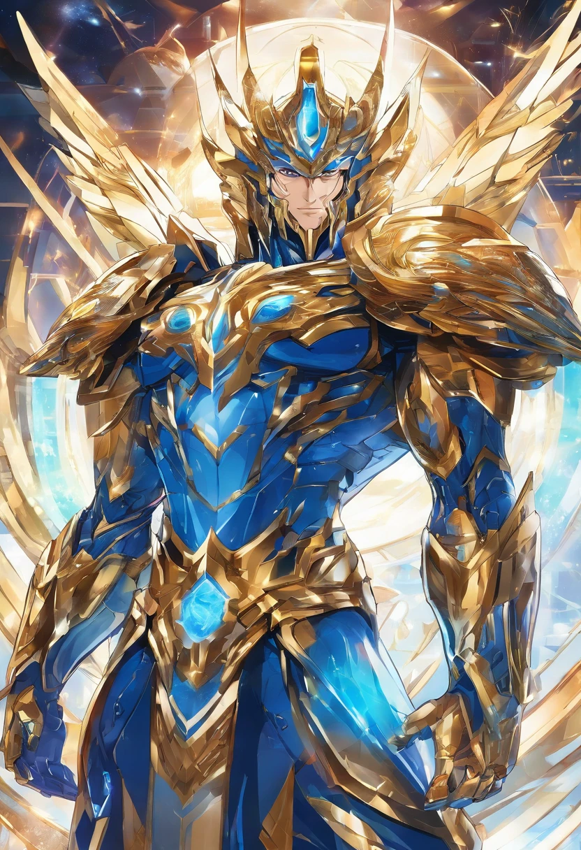 (Masterpiece, best quality), (clear focus, rich details), mighty greek god Poseidon dressed in blue and gold shining saint seiya version of futuristic advance battling god cloth, with beard, standing against the background of the under water world headquarter castle, (shot from the front, looking below), (The sun is high above)to weapons colour to Red colours weapons