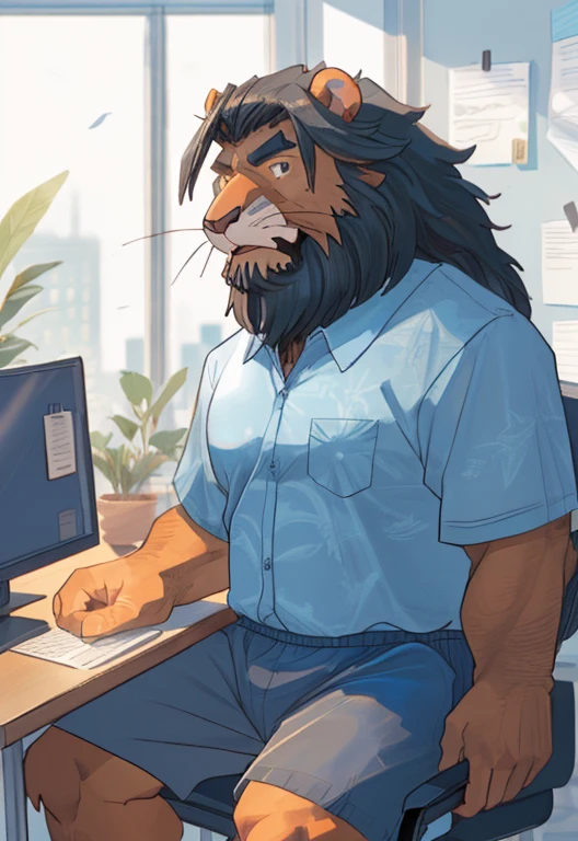 Foto frontal de corpo inteiro., homem maduro, cicatriz no olho, old chubby lion, sitting with legs open on office chair, (pelo marrom:1.2),meia idade,((cabelo curto preto)),((barba facial)),(nada ali, Melhor qualidade, alta qualidade, detalhado, sombreado, sombreamento, obra de arte:1.2), detalhado eyes, detalhado clothing, sorriso pretensioso, sorriso sedutor, peito peludo, copos,Inside the office,(blue pattern boxers:1.4), (camisa branca aberta:1.5), (gravata removida),(meias pretas:1.2)