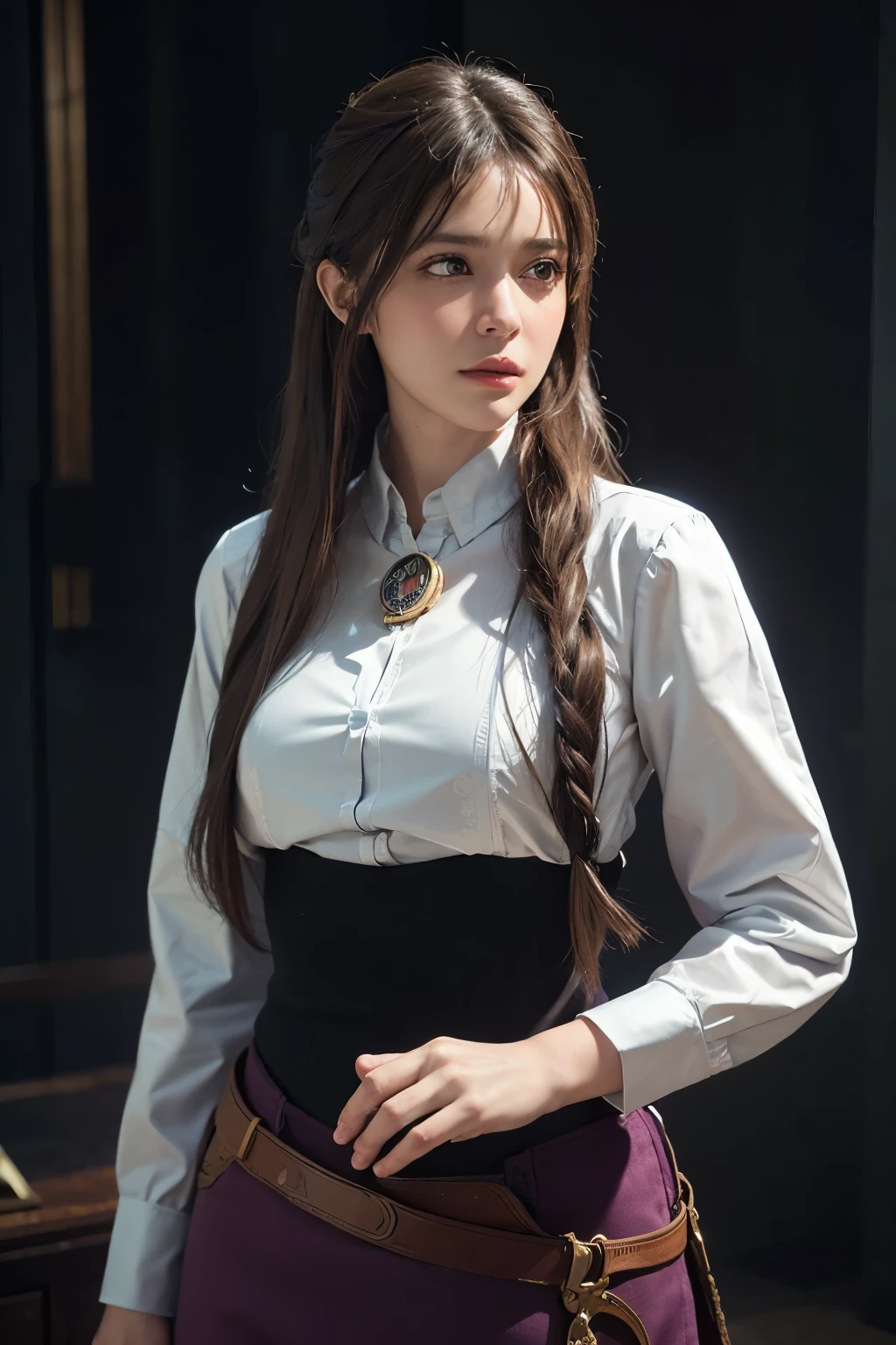 Hyperrealist portrait of female by david hockney and alphonse mucha,fantasy art, photo realistic, dynamic lighting, artstation, poster, volumetric lighting, very detailed faces, 4 k, award winning,, 1girl, in the dark, deep shadow, low key,cowboy shot,(official clothing:1.4) ,long hair,white hair,