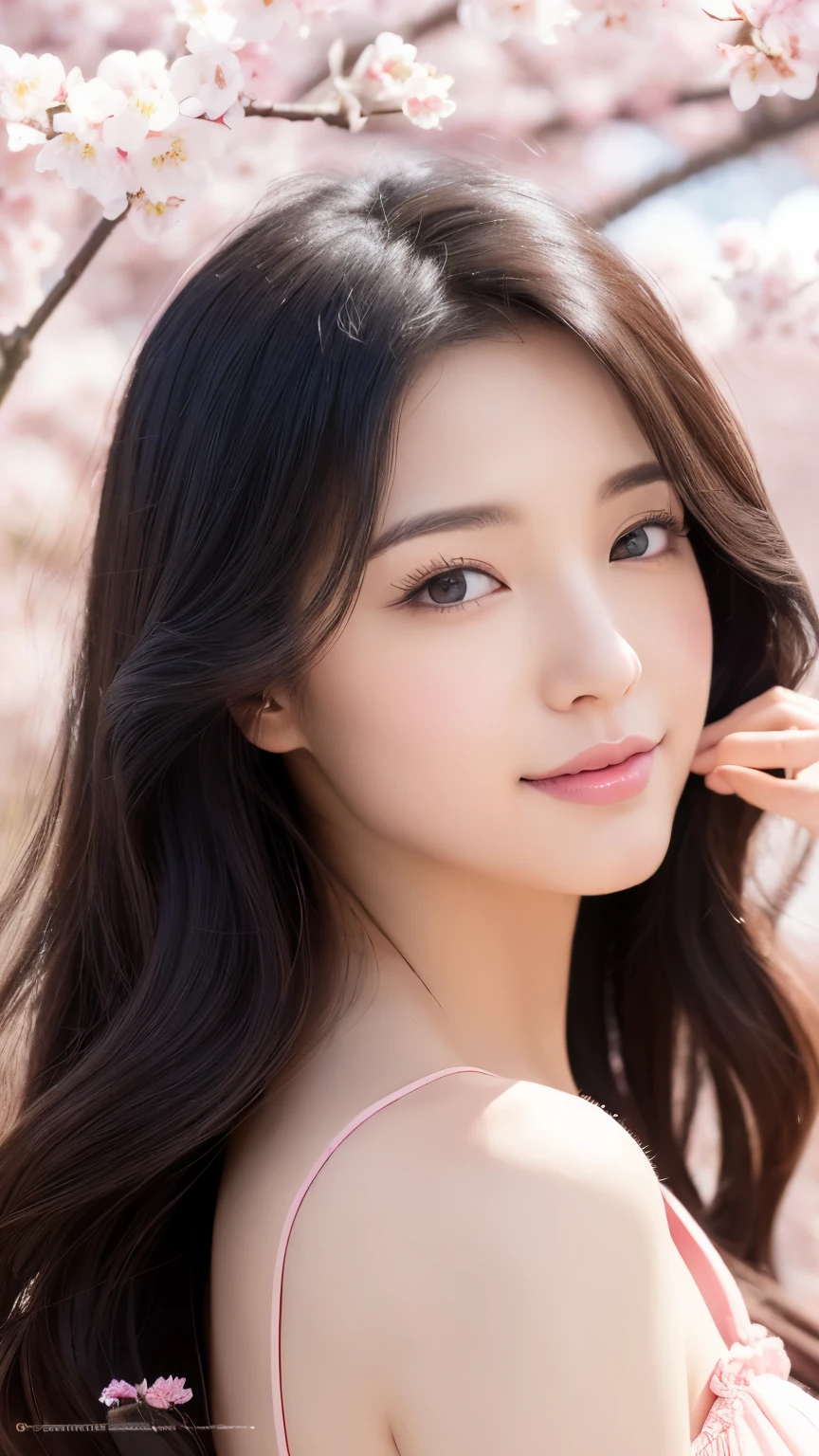 (A logo、​masterpiece、8K、masutepiece、Raw photo、Fantastic、Best Quality、Photorealistic and ighly detailed CG integrated 8k wallpaper、hightquality、ighly detailed、epic poem、Particle effect、Dynamic effects、depth of fields、Cinematic Light、Lens Flare、Ray tracing)、Fantasia、 (Beauty 1 person、doress、Dress、Cherry blossom pattern、A dark-haired、Beautiful face、Real Face、beautiful details eyes beautiful skin)、my hair dances in the wind、Hair flutters in the wind、Hair jumps、Pink cherry blossom tree、Petals flutter、Sakura blizzard、Superb view、morning glow、Sun in the background、the wind、