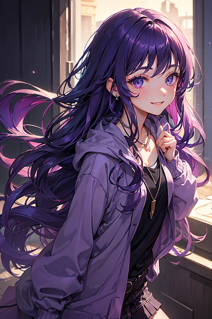 Delicate picture, a beautiful girl, long dark purple hair, wavy hairstyle, smile, necklace, temperament, wearing dark purple hoodie