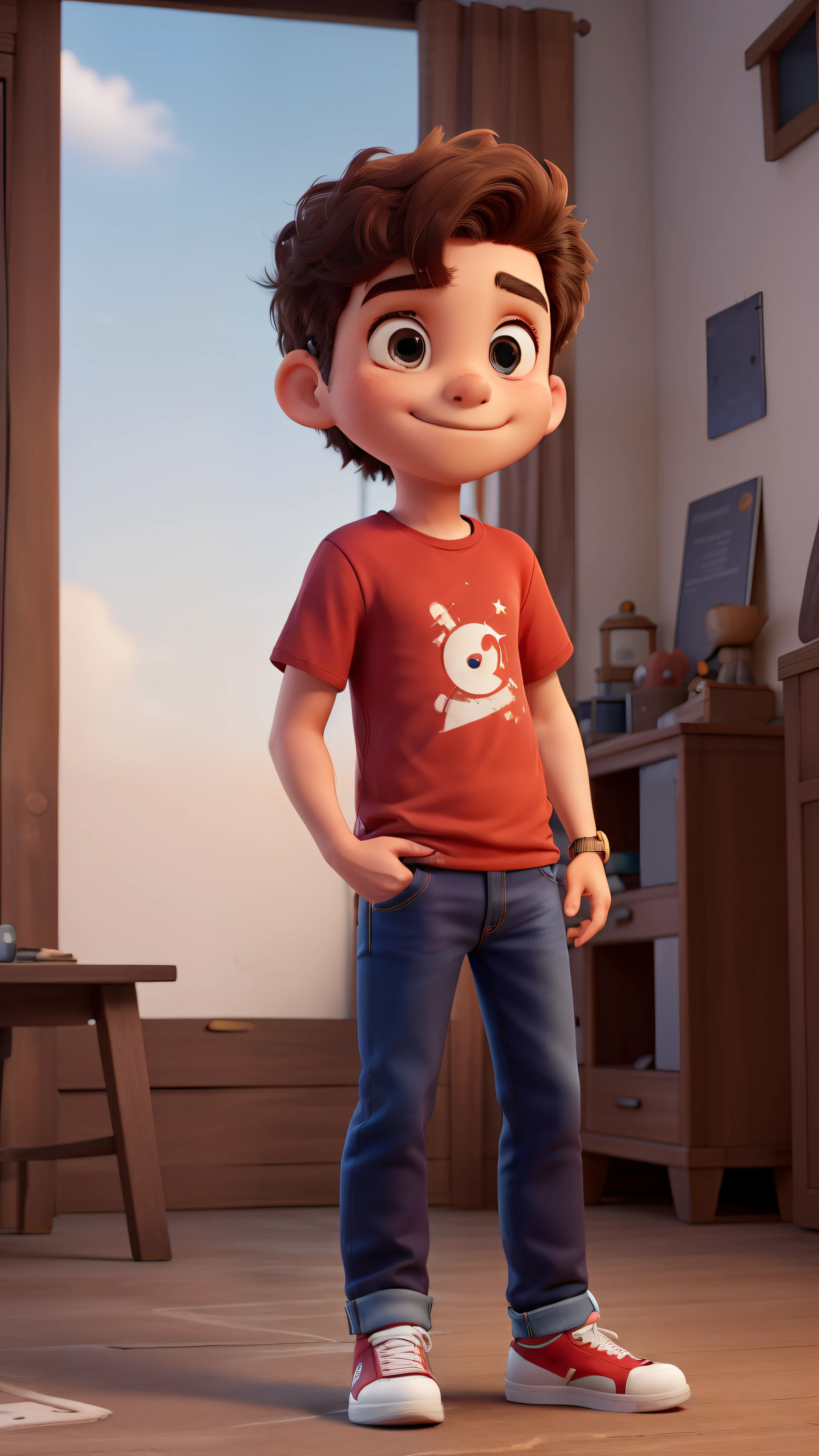 boy, medium straight hair, Indian features, with red t-shirt and jeans, white sneakers
