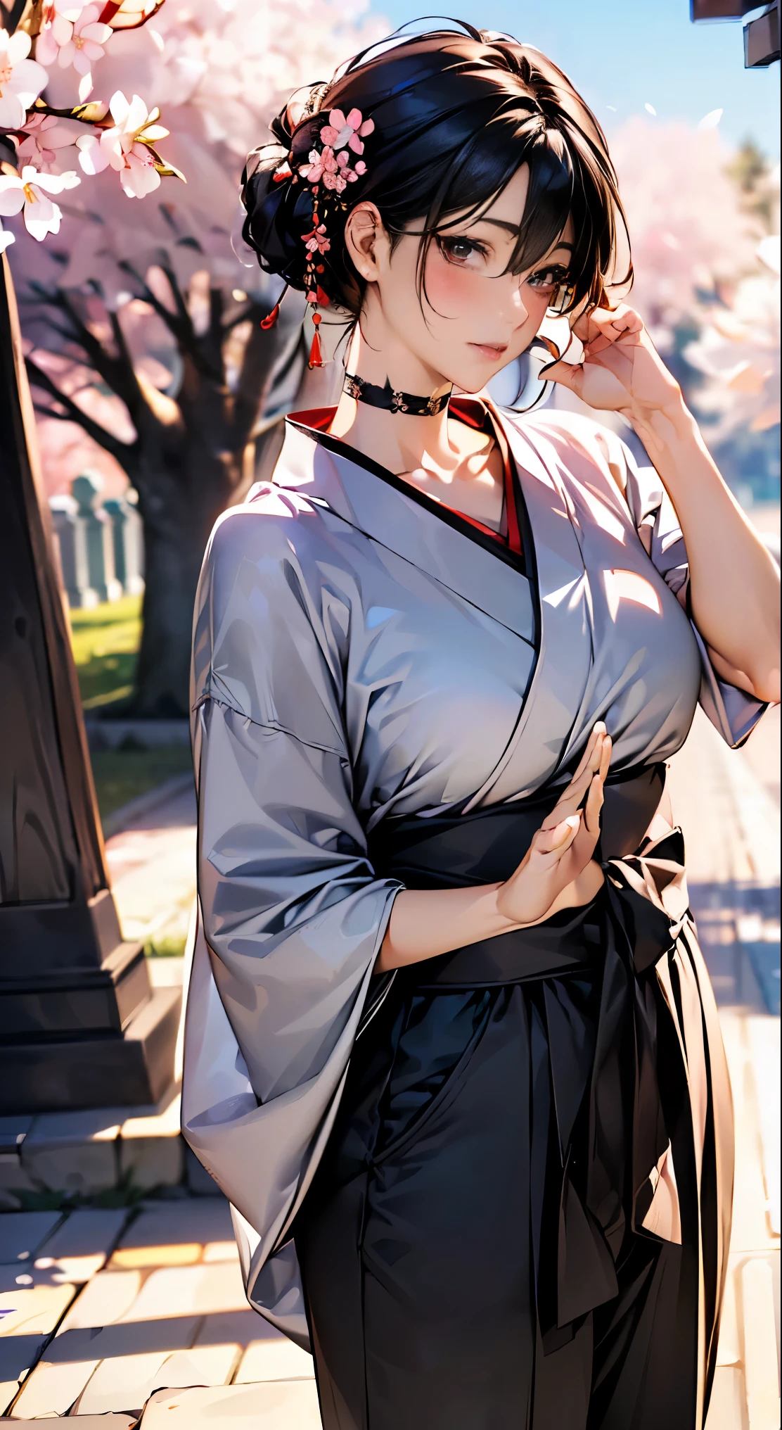 (masterpiece:1.2, highest quality, 8k, advanced details), (realistic, photorealistic:1.4), beautiful illustrations,
looking at the viewer, whole body, Front view:0.6,
((1 mature woman, 32 years old)), Japanese, ((long black hair:1.5, straight hair)), blown hair, bangs, hair between eyes , big breasts beautiful hair, beautiful hairstyle:1.4, beautiful face, beautiful and detailed eyes, (shining eyes:1.3), beautiful clavicle, beautiful body, beautiful breasts, beautiful thighs, beautiful feet, beautiful fingers, perfect anatomy:1.3, perfect anatomy,
((The gesture of combing your hair with one hand:1.7)),
(Look at the viewer while blushing:1.3)
((hakama pants, choker:1.3, hair ornaments)), ((shrine:1.6, within the territory, torii, Cherry blossom trees:1.3, Cherry tree in full bloom))