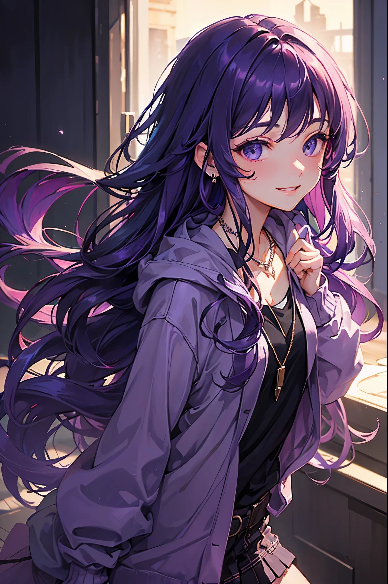 Delicate picture, a beautiful girl, long dark purple hair, wavy hairstyle, smile, necklace, temperament, wearing dark purple hoodie