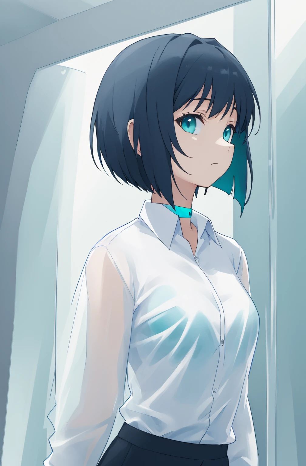(((Masterpiece))), white background:1.1, solo, looking at viewer, (((:i face))), slender body, teal colored hair, (((short straight hair:1.2))), turquoise colored eyes, slight glow in eyes, black chocker, (((business casual transparent white shirt:1.3))), full body, focus on upper body, side profile, white background