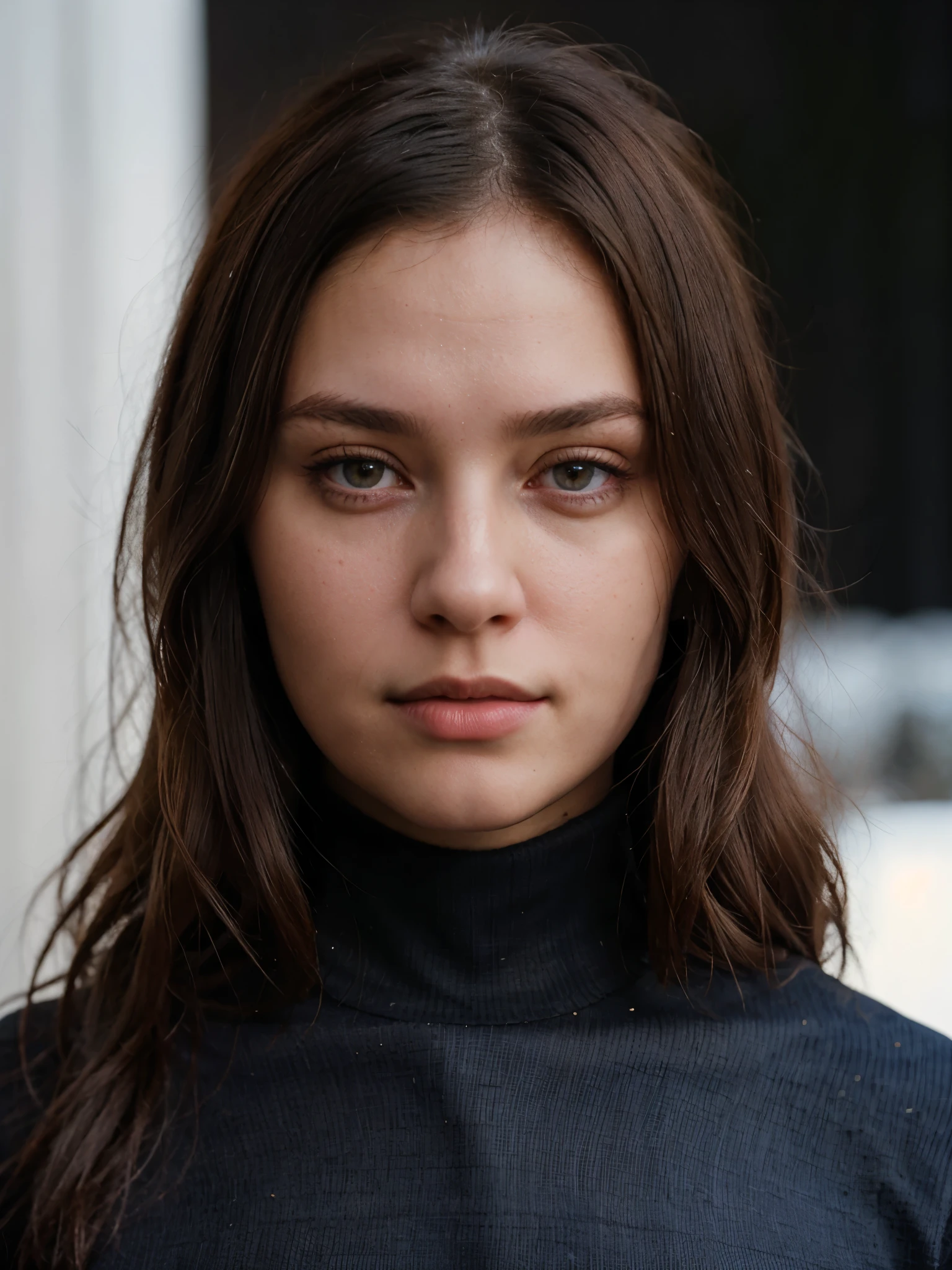 A stunning intricate full color portrait of (sks woman:1), wearing a black turtleneck, cropped turtleneck, dark red plain background, epic character composition, by ilya kuvshinov, alessio albi, nina masic, sharp focus, natural lighting, subsurface scattering, f1.8, 35mm, film grain, white bob hair, hair volume