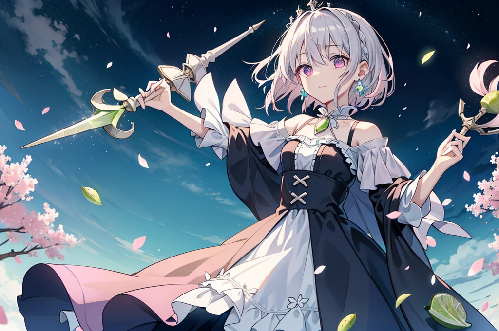 (best quality), (top-quality), (hight resolution), 8K images, (masterpiece), ((perfect face)), (detailed face), (detailed eyes), (clear lines), hair strand,Light skin, ((1girl)), (solo), beautiful fantasy anime, top rated on pixiv, ((short hair)), (expressive eyes), (perfect eyes), (((light_pink eyes))), perfect face, smiling, (white silver hair), (white hair), braided bangs, wind blowing hair, hair over eyes, earrings, {{{{{{{super flat chest}}}}}}}, {{{{{{{flat chest}}}}}}}, (flat chest), ((holding an magical ice scepter)), (aiming), (little silver tiara), (((lime_dress))), ((((dress which full of lime_color)))), (cloak on shoulder), (frilly outfit), (lolita style), (lolita fashion), (cherry blossom), (many crystals), vintage style, (broken crystals), (in a gemstone sea), (night sky with full of stars), (magic circles), game spash art, fantasy, modern art, cool light --ar 3:2, (wide shot), excited pose