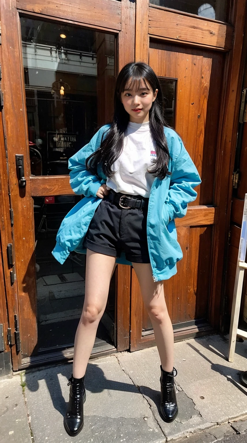 (8K、Raw photo、highest quality、masterpiece:1.2)、(realistic、Photoreal)、1 girl、((black shorts、belt、tight shirt、knee socks、Jacket、big breasts、stand with hands on hips、Seen from the front、stage))、smile、lots of eyelashes、Glitter on your eyelids、skeletally correct