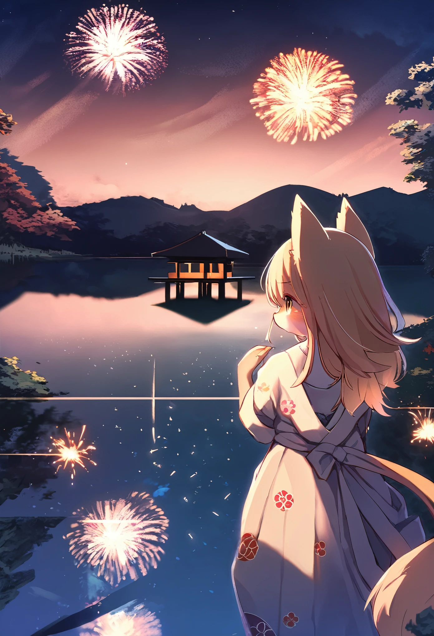 top quality, best quality, highres, masterpiece, super high resolution, detailed background, lake, nigh sky, firework, japanese yukata, absurdres, perfect anatomy, good lighting, cinematic shadow(1girl, kemono, furry anthro)assorted expressions, upper shot, dynamic angle,