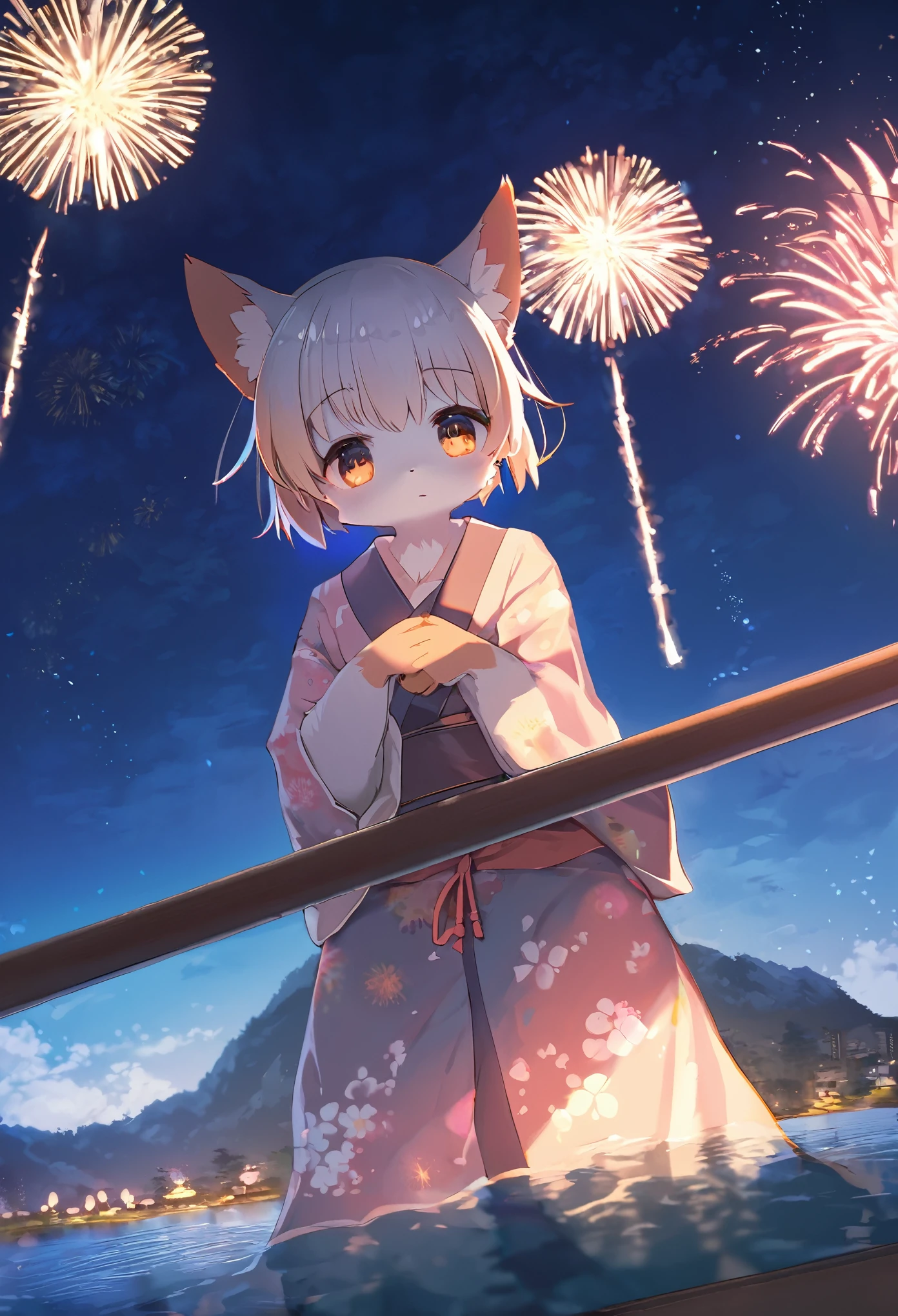top quality, best quality, highres, masterpiece, super high resolution, detailed background, lake, nigh sky, firework, japanese yukata, absurdres, perfect anatomy, good lighting, cinematic shadow(1girl, kemono, furry anthro)assorted expressions, upper shot, dynamic angle,