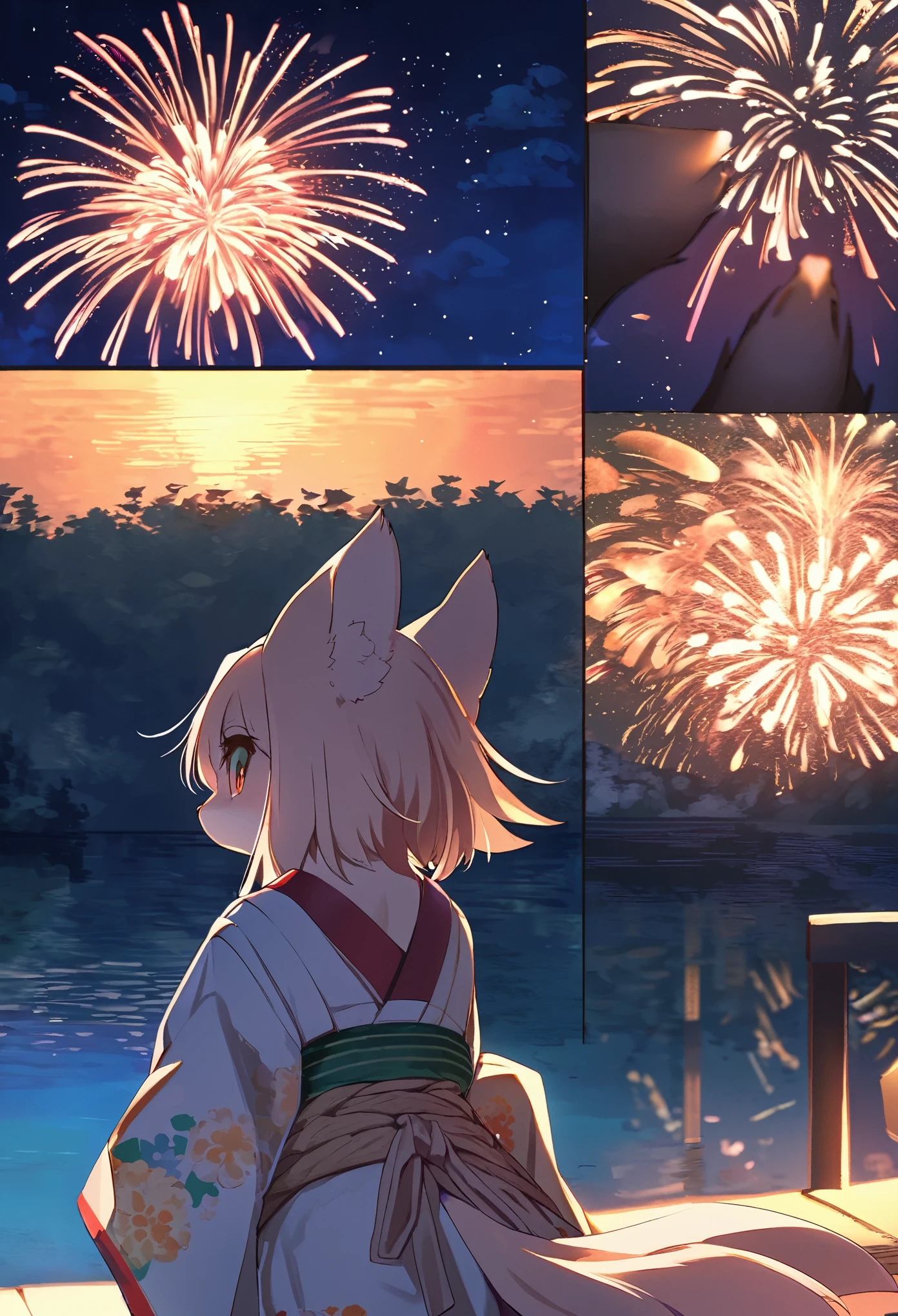 top quality, best quality, highres, masterpiece, super high resolution, detailed background, lake, nigh sky, firework, japanese yukata, absurdres, perfect anatomy, good lighting, cinematic shadow(1girl, kemono, furry anthro)assorted expressions, upper shot, dynamic angle,