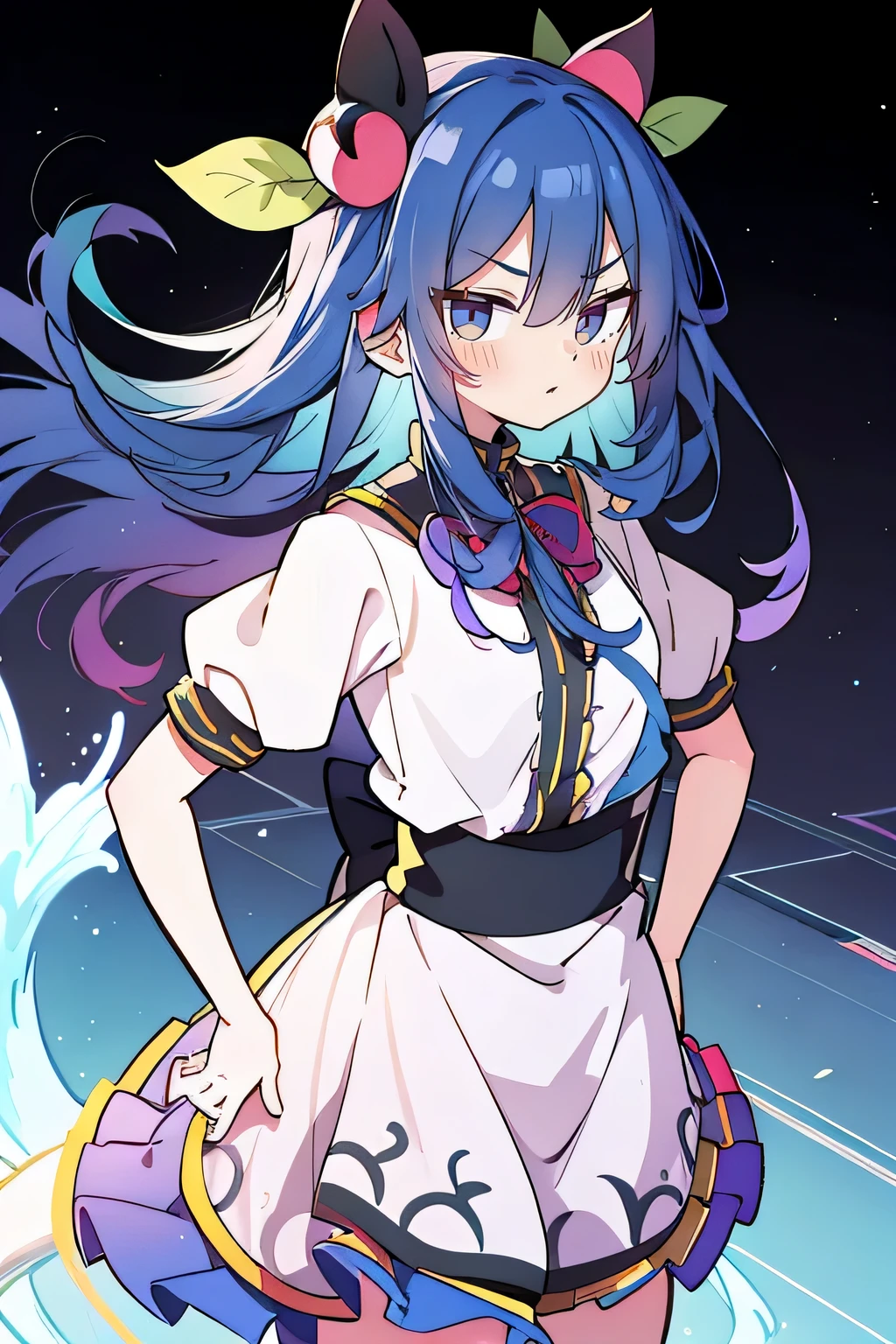 (masterpiece),best quality, expressive eyes, perfect face, 1girl,
 Put your hands on your waist,fair, Gorgeous,Japanese cartoons,girl,lola,Hina Angel, blue hair, blue haired, floating clothes,Grab your waist, Grab your waist, hands on hips , hands on hips,flat chest,sit on the floor,starry sky,