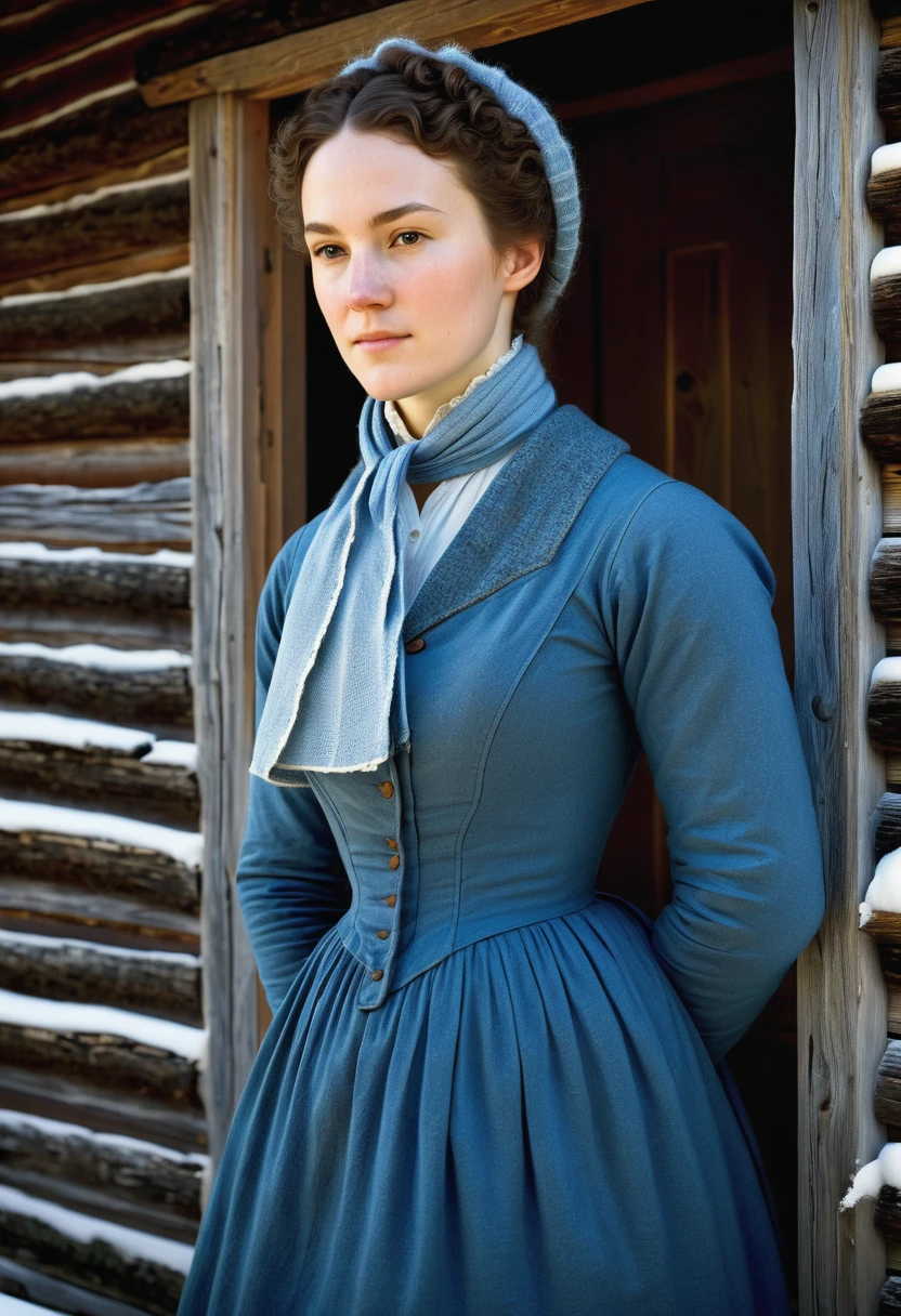 (highly detailed, soft light, photorealistic, dynamic light; cinematic; close-up); victorian era; 1820s; 26 year old woman; Canadian; 1820s nanny; simple but pretty; coquettish expression; fair skin; 1820s modest but pretty blue cotton dress; wearing a warm woolen shawl over her shoulders; hair in simple style; standing in the doorway of 1820s cabin in snowy 1820s Canada; looking at camera