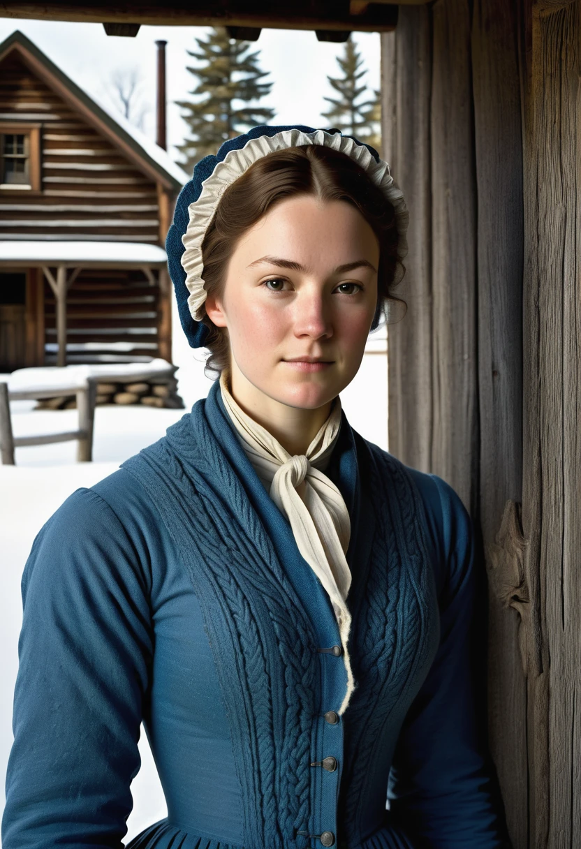 (highly detailed, soft light, photorealistic, dynamic light; cinematic; close-up); victorian era; 1820s; 26 year old woman; Canadian; 1820s nanny; simple but pretty; coquettish expression; fair skin; 1820s modest but pretty blue cotton dress; wearing a warm woolen shawl over her shoulders; hair in simple style; standing in the doorway of 1820s cabin in snowy 1820s Canada; looking at camera