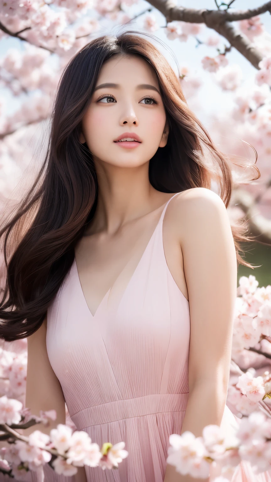 (A logo、masterpiece、8K、masutepiece、Raw photo、Fantastic、Best Quality、Photorealistic and ighly detailed CG integrated 8k wallpaper、hightquality、ighly detailed、epic poem、Particle effect、Dynamic effects、depth of fields、Cinematic Light、Lens Flare、Ray tracing)、Fantasia、 (Beauty 1 person、doress、Dress、Cherry blossom pattern、A dark-haired、Beautiful face、Real Face、beautiful details eyes beautiful skin)、my hair dances in the wind、Hair flutters in the wind、Hair jumps、Pink cherry blossom tree、Petals flutter、Sakura blizzard、Superb view、morning glow、Sun in the background、the wind、