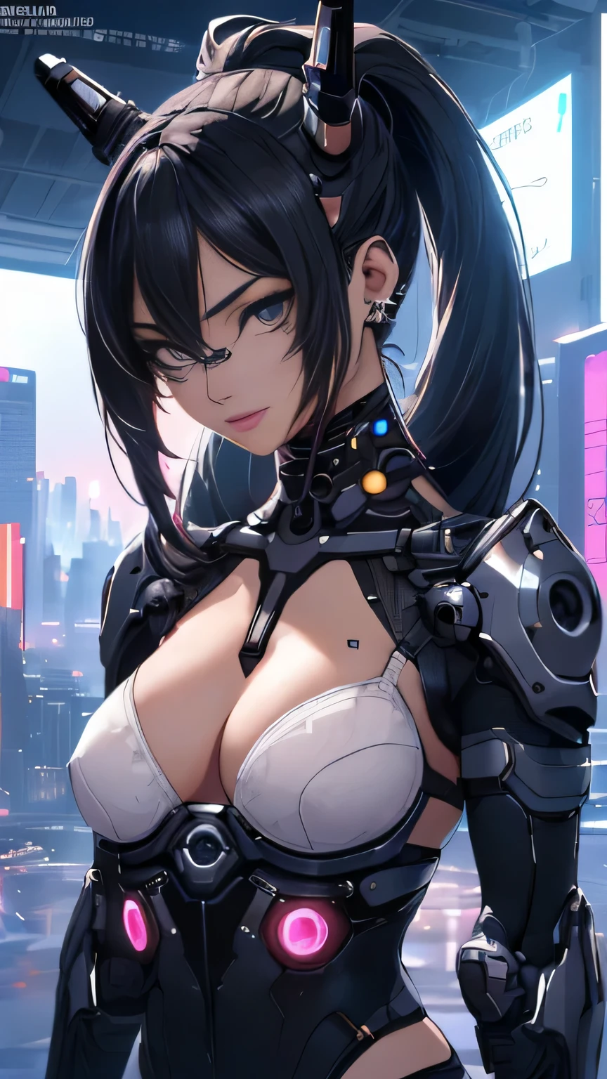 Ariana Grande cyborg, Cybersamurai, desnudo, Cabello largo, ojos azules, cabello negro, pechos grandes, escote, muslos anchos, Science-Fiction, ciborg:1.4, cyberpunk,( fondo negro brilla: 1.25),More detailed 8K.motor irreal:1.4,UHD,La mejor calidad:1.4, fotorrealista:1.4, textura de la piel:1.4, obra maestra:1.8,obra-prima, mejor calidad,objeto Objeto], (detailed face features:1.3),(Ojos sutiles y hermosos :1.1),(Perfect anatomy),lingerie sexy pink,(Cybersamurai white:1.4),(fondo ciudad Tokio cyberpunkAI colors:1.4) ,(convexo Dedos detallados), (  cyborg),(Pieza maestra:1.2), (mejor calidad:1.2),(Pieza maestra:1.2), (mejor calidad:1.2),