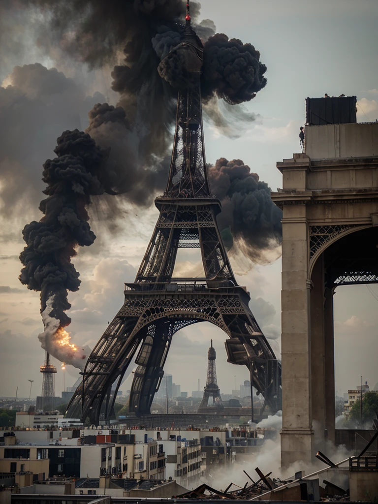 City of Paris is destroyed, the Eiffel Tower is destroyed and smoking, Destroyed buildings, smoke everywhere, fogo e etc.