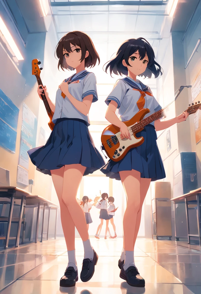 Two girls wearing the same summer school uniform,A long brown hair、girl holding bass in hand,Another girl with short black hair holding an electric guitar,Two-dimensional style
