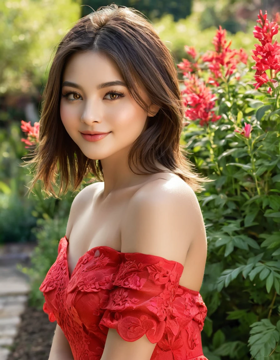 (best quality,4k,8k,highres,masterpiece:1.2), ultra-detailed, (realistic,photorealistic,photo-realistic:1.37), (Ai Xuan:1.1), (Elina Karimova:1.5), (Briana Mora:1.2), (1girl:1.7), (photo of 25yo woman:1.5), with red dress, (Straight shoulder length hair:1.3), oil painting, vibrant colors, serene garden, blooming flowers, gentle sunlight, tranquil atmosphere, delicate features, expressive eyes, luscious lips (beautiful detailed eyes, beautiful detailed lips, extremely detailed eyes and face, long eyelashes), graceful posture, confident smile, picturesque scenery, soft brush strokes, harmonious composition, elegant artistry, captivating beauty.
