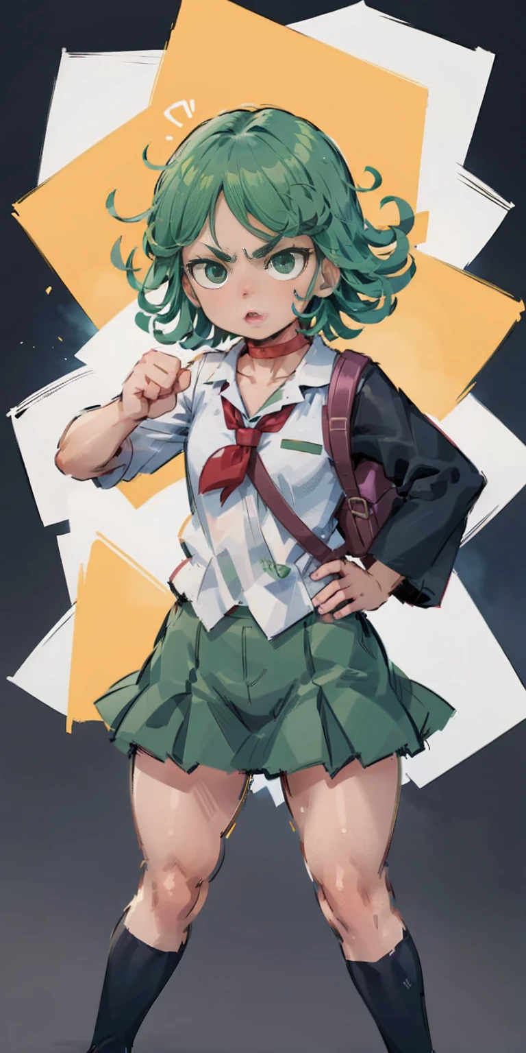 ((black background)) Tatsumaki kneel on WHITE sheet, short bob hair green hair, GREEN EYES, kindergarten_uniform,yellow hat,red school bag, leather choker collar slave , (hands on hips, clenching fist 👊 ✊️)