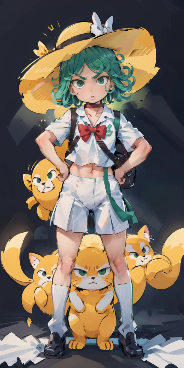 ((black background)) Tatsumaki kneel on WHITE sheet, short bob hair green hair, GREEN EYES, kindergarten_uniform,yellow hat,red school bag, leather choker collar slave , (hands on hips, clenching fist 👊 ✊️)