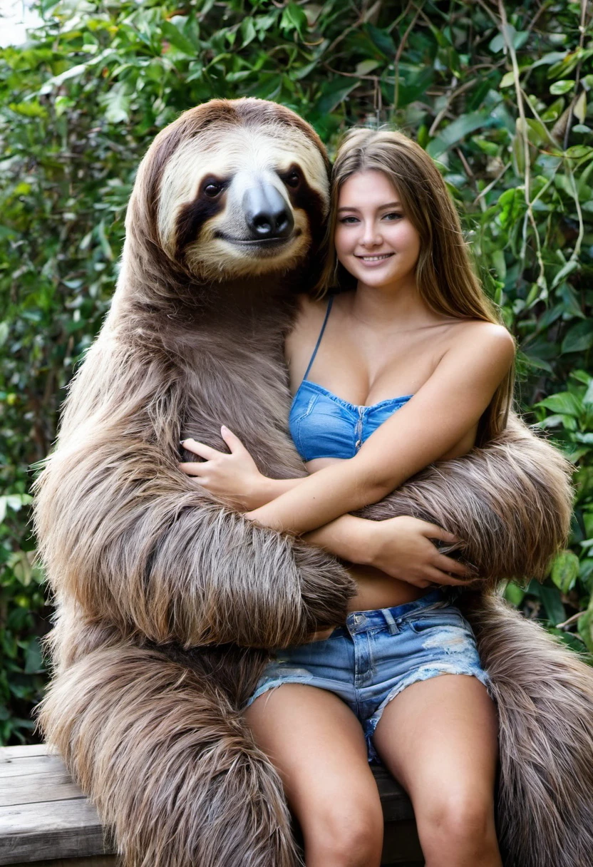 Large massive stuffed animal giant sloth carries topless beautiful bikini   girl in his arms embrace sitting on his lap cuddling kissing 