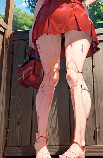 A Female robot is sleeping in bedroom, spread legs, nude, banzai pose. she wears no dress. She Brown short hair is tied with two big red clothespins, She lifts up the under hem of her white plain dress, leaning over, masterpiece, very short pigtails,brown hair, mature, android, blue eyes, full body figure, Height: 160cm, flushed cheeks, 2020s anime picture, A beautiful robot with short brown hair in two short pigtails held up by two very large huge red clothespins, Uplifting, No NSFW, whole body, barefoot, archaic smile, getting orgasm, 25 years old, sweat bucket.