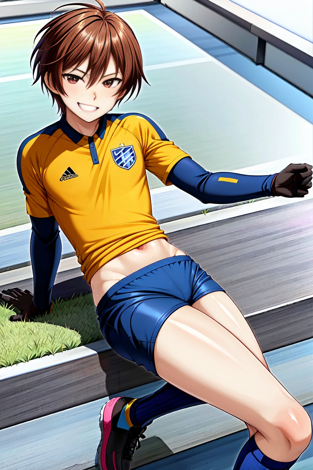 (((official art,Super thin illustration,High resolution, muste piece, best quality,best quality,)))high quality, detailed, (little boy),12 years old,(((solo)))、 A young ace striker male idol with a super cute face,A boy as beautiful as Planding, Cool handsome face with a smile, soccer spike, long legs, thighs, Foots, No bulge, (blonde、short hair)、shiny hair, (tight shiny soccer uniform suit), (tight and shiny soccer shorts), (soccer socks), grassy area, cool pose, (厚いthighs、Seducing a big ass into your crotch)、(((soccer field in the park)))、((Saucy、))、grinning grin、spread legs,ultra fine painting, (best quality, In 4K, 8K, High resolution, muste piece:1.2),service shot、((detailedな目:1.2))、showing off his big butt、proud butt、