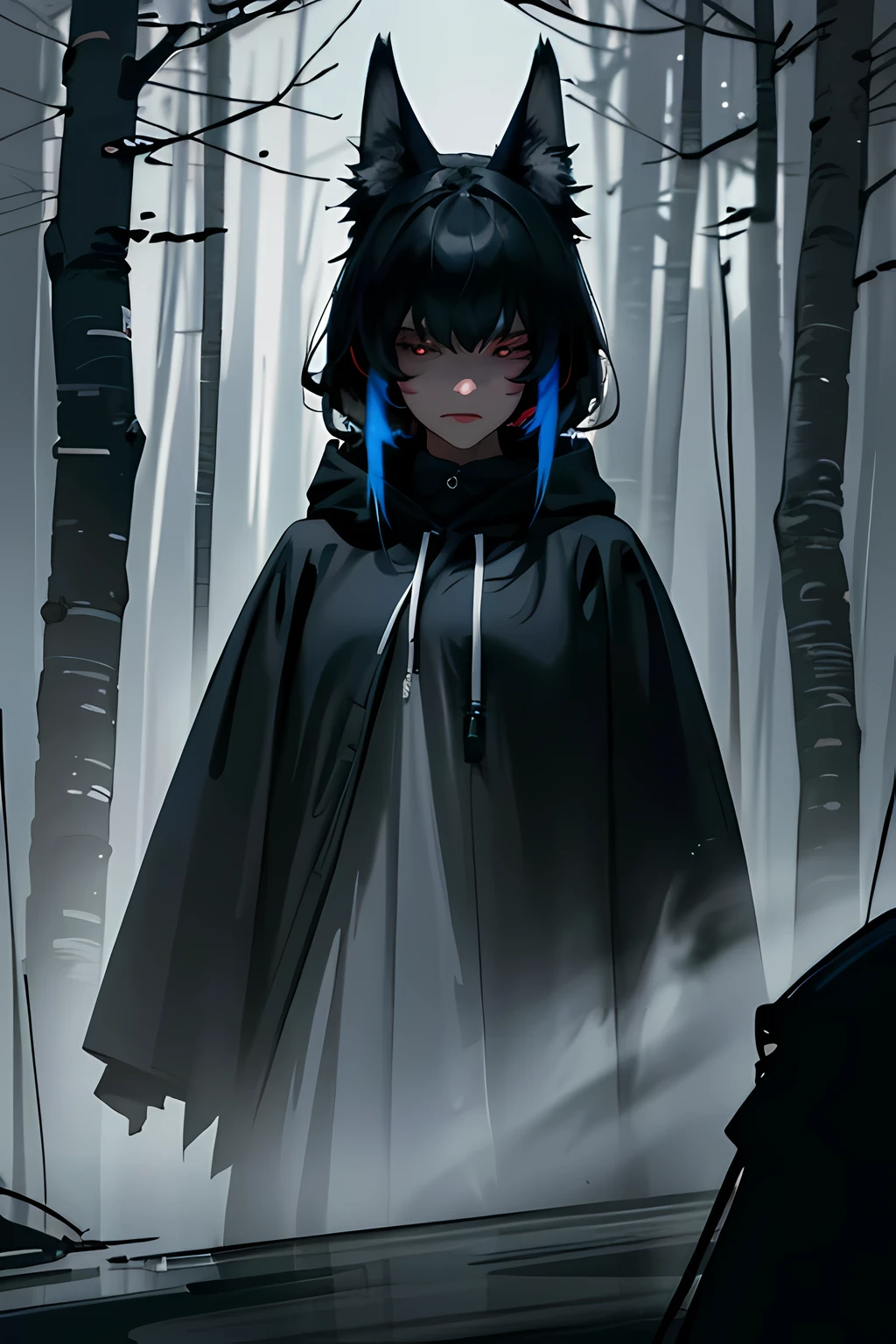 girl in an oversized black hoodie,dark forest,wolves in the dark,darkness,black hair,illustration,ultra-detailed(best quality,4k,8k,highres,masterpiece:1.2),realistic:1.37,emotional,ethereal atmosphere,vivid colors,sharp contrast,soft lighting,moonlight,mysterious, wolf ears