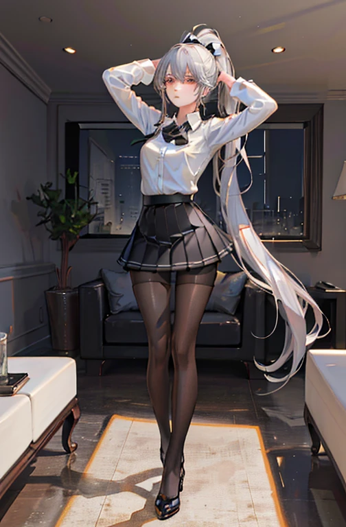 ((1 girl)),((HD super high quality,High resolution,))),(epic details)),((soft shadow)),(Ray tracing),{best shadow}, Detailed background, ((Living room)),((fluffy silver hair, Medium-chested, slender girl with high ponytail)))), [Avoid the golden eye in the sinister living room], (((A girl in a white shirt, Black pleated skirt+Black transparent pantyhose))), {Show off your exquisite figure and graceful curves}, ((front)), (permanent), ((Hands hidden behind head))))), (facial details)，Nice butt，beautiful butt，no pants