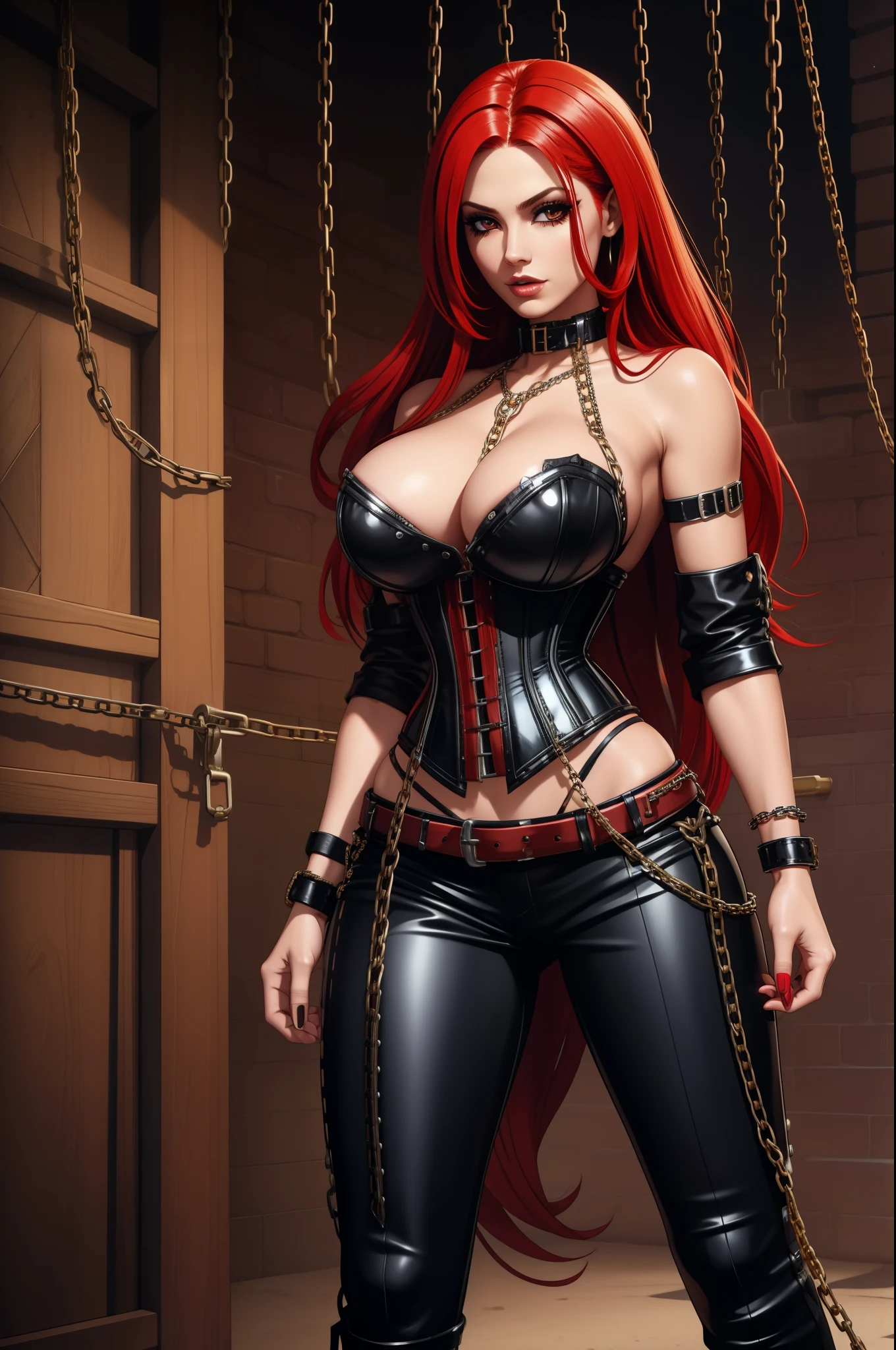 gorgeous woman, chain corset, ((chainpunk)), long red hair with black streaks, chain pants, belts and straps, chains, nsfw,