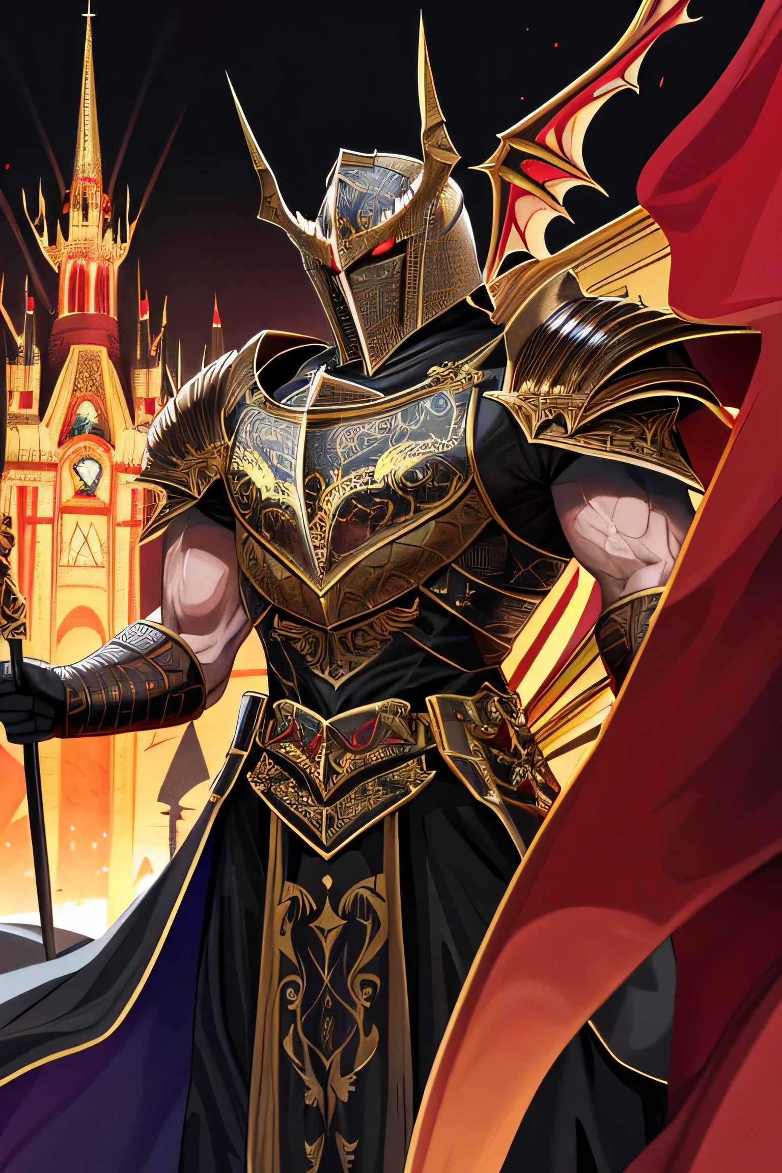 Portrait of a noble knight, his face concealed by a golden helmet adorned with intricate patterns. His bright red eyes pierce through the darkness, exuding an aura of power. In the background, a majestic castle stands tall, while a dark crimson dragon soars through the sky. The image is of the highest quality, capturing every detail with stunning precision. The knight's muscles bulge with strength, emphasizing his formidable presence. It is a striking and captivating scene, both impressive and intimidating. The knight proudly bears the symbols "V" and "VseV" on his banner and attire, adding to the air of authority. His eyes glow red, emitting a menacing gaze that sends shivers down the viewer's spine.