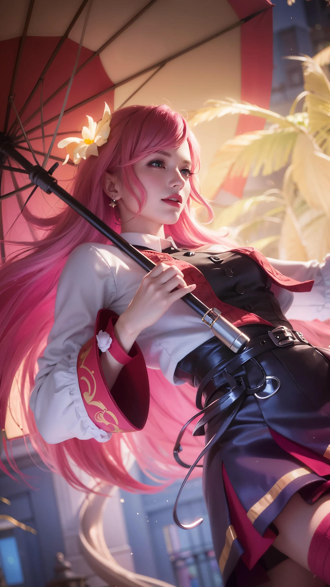 girl with pink hair holding a umbrella, red lips glossy, 8k, ultra hd, ultra detailed texture, hyper realistic, masterpiece, detailed texture, detailed face, detailed skin, detailed lighting, (photorealistic:1.5), best quality, beautiful lighting, cinematic lighting, professional lighting, ultra highres, realistic, detailed hair, real hair, high quality, (realskin:1.5), extremely detailed, finely detail, ultra-detailed, smile