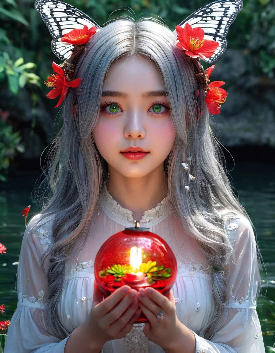 (masterpiece), (best quality), illustration, ultra detailed, hdr, Depth of field, (colorful),[Xnkzzmcz],[iumu],green eyes, 1girl, long hair, solo, flower, hair ornament, looking at viewer, very long hair, butterfly, sitting, hair flower, lantern, bug, water, bangs, full body, bell, red flower, hair between eyes, long sleeves, parted lips, detached sleeves, butterfly on hand, hand up, grey hair, jingle bell, animal ears