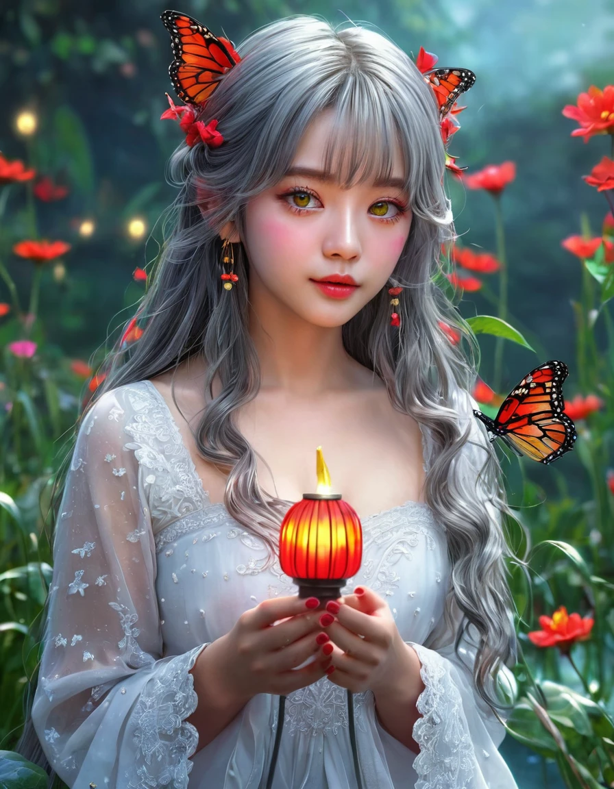 (masterpiece), (best quality), illustration, ultra detailed, hdr, Depth of field, (colorful),[Xnkzzmcz],[iumu],green eyes, 1girl, long hair, solo, flower, hair ornament, looking at viewer, very long hair, butterfly, sitting, hair flower, lantern, bug, water, bangs, full body, bell, red flower, hair between eyes, long sleeves, parted lips, detached sleeves, butterfly on hand, hand up, grey hair, jingle bell, animal ears